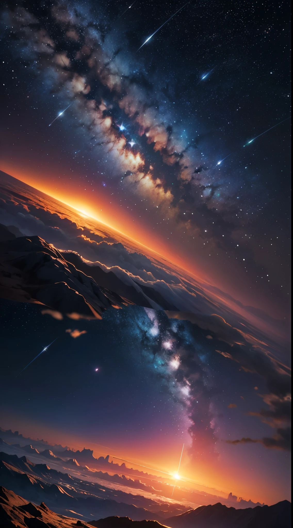 Space, earth, sunrise, galazies, extremely detail, shoot with HDR, bright, colourfull, 8k, image a bit to the right side of the picture, shooting star, the milky way, creative and beautiful scenery