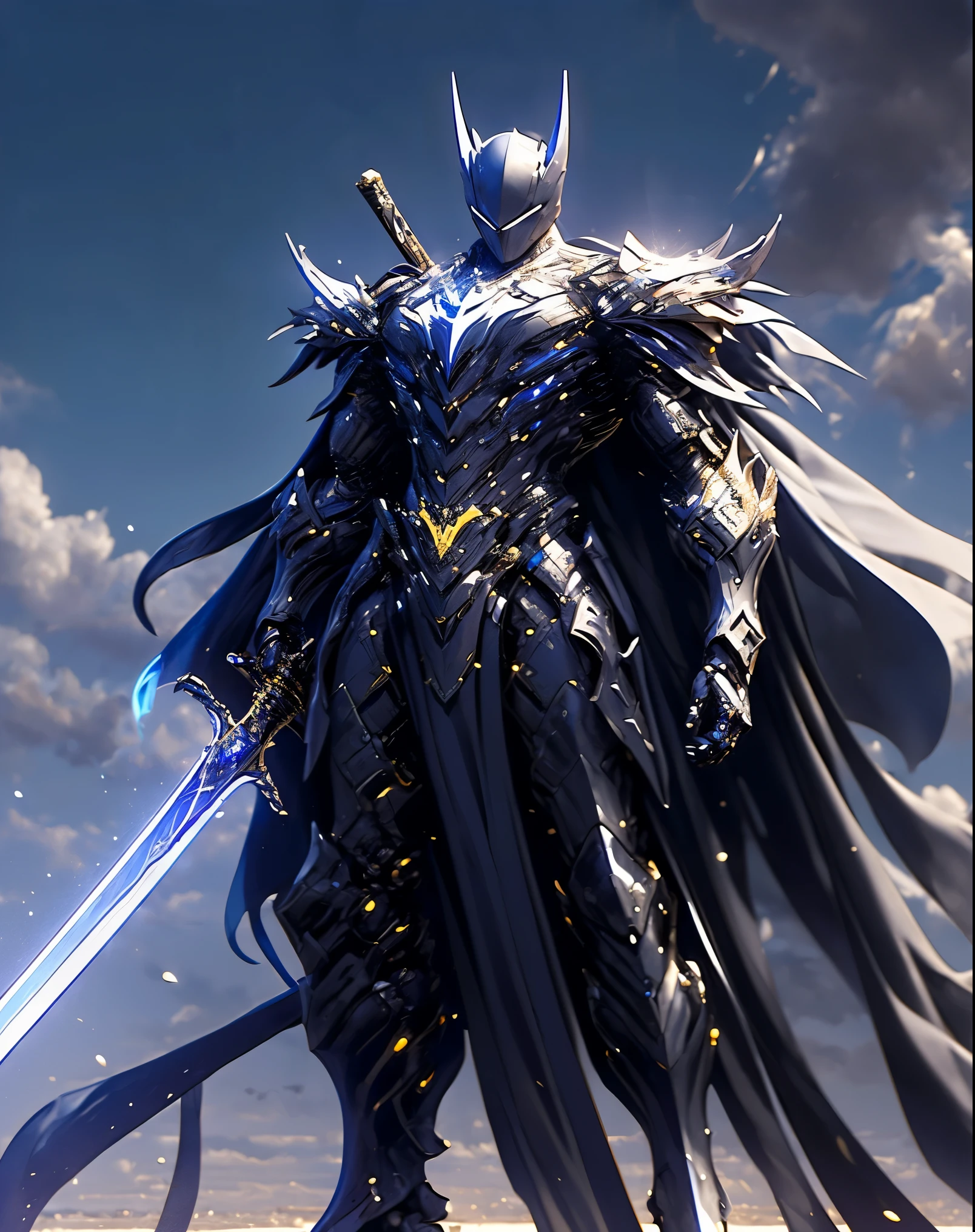 batman in armor with a sword and a cape on his shoulders, intricate assassin mecha armor, elegant smooth silver armor, sleek smooth white plated armor, silver cyber armor, gold and silver armour suit, shiny silver metal armor, arasaka mech, white plated armor, god king of ai art, silver and gold heavy armor, shiny metal armor, white metallic armor