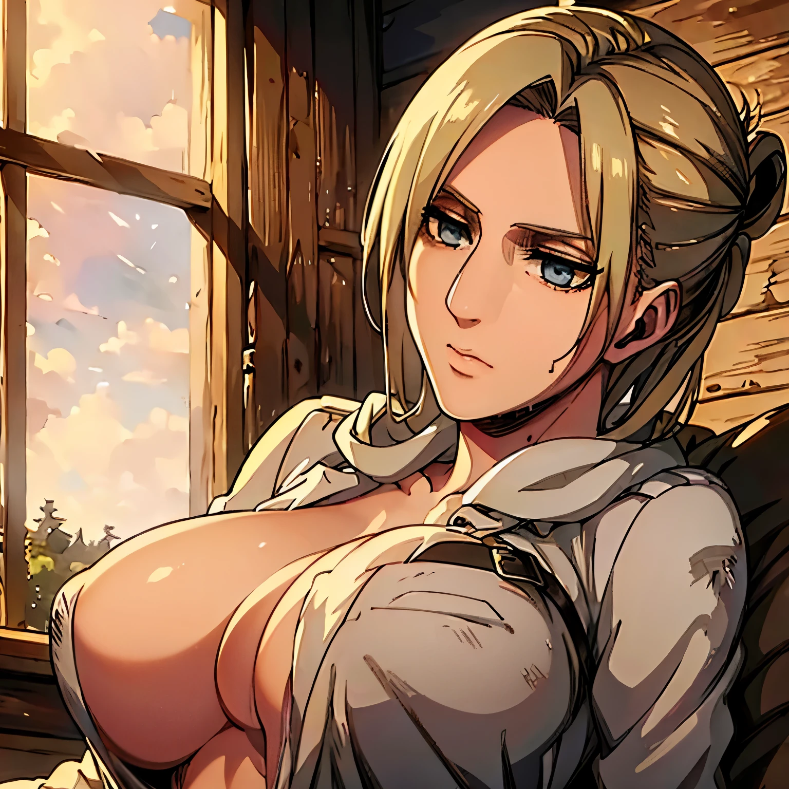 Annie Leonhart, a character from Attack on Titan, is the main focus of the artwork. Her eyes are beautifully detailed, and her lips are also beautifully detailed. Her face and eyes are extremely detailed, with long eyelashes. She is depicted with a strong and confident expression. 

The medium used to create this artwork is an illustration, with a realistic and photorealistic style. The artwork is of the best quality, with a resolution of 4k or 8k, ensuring ultra-detailed and sharp focus. The colors are vivid and the lighting is carefully crafted to create a visually appealing scene. The artwork showcases the human body in a tasteful manner, highlighting the beauty and elegance of the female form. 

In the background, there is a garden setting, featuring lush greenery and blooming flowers. The composition is balanced and visually pleasing, emphasizing the beauty of nature. The artwork captures Annie Leonhart as a strong and captivating character, with attention to detail and realism. 

She has big tits, her tits are masive, her breasts are large. Prominent chest, chest focus, NUDE BREASTS, PRESENTING BREASTS, SEXY TITS, FLASHING BREASTS, DISPLAYING BREASTS, SEXY BREASTS 