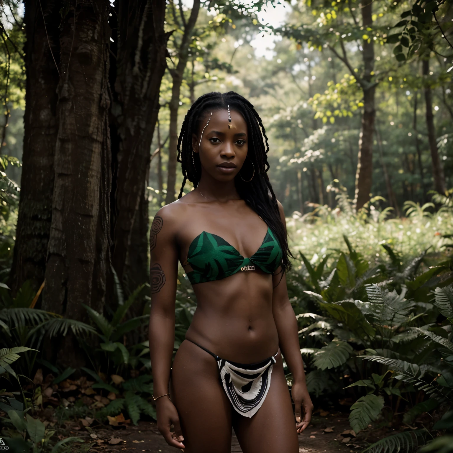 Black and white colour grading of a scene, in which a beautiful african woman dressed in african clothes,only african designed tattoos on her face and hands in green colour, the whole scene in black and white except the leaves and african marks in green, standing in a forest with leaves falling like autumn, chiaroscuro effect, 32k, ultra HD, unreal engine rendered, hyperrealistic image, cinematic lighting, beautiful and ethereal visuals.