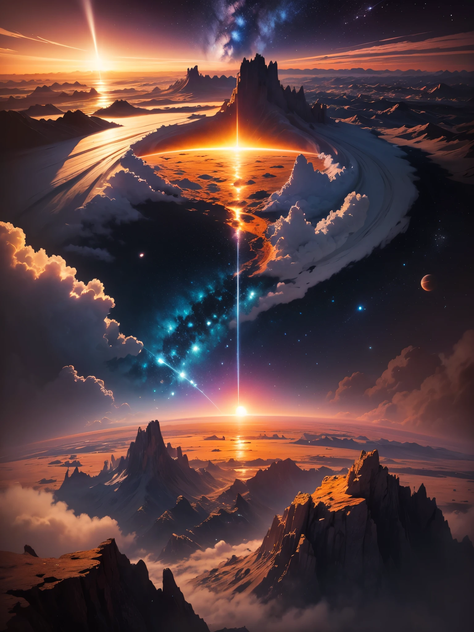Space, earth, sunrise, galazies, extremely detail, shoot with HDR, bright, colourfull, 8k, image a bit to the right side of the picture, shooting star, the milky way, creative and beautiful scenery 