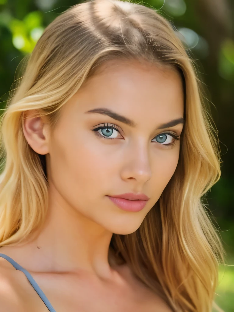 makeup, realistic, attractive face, blond hair, model, makeup, bikini, round face, big eyes, almond eyes