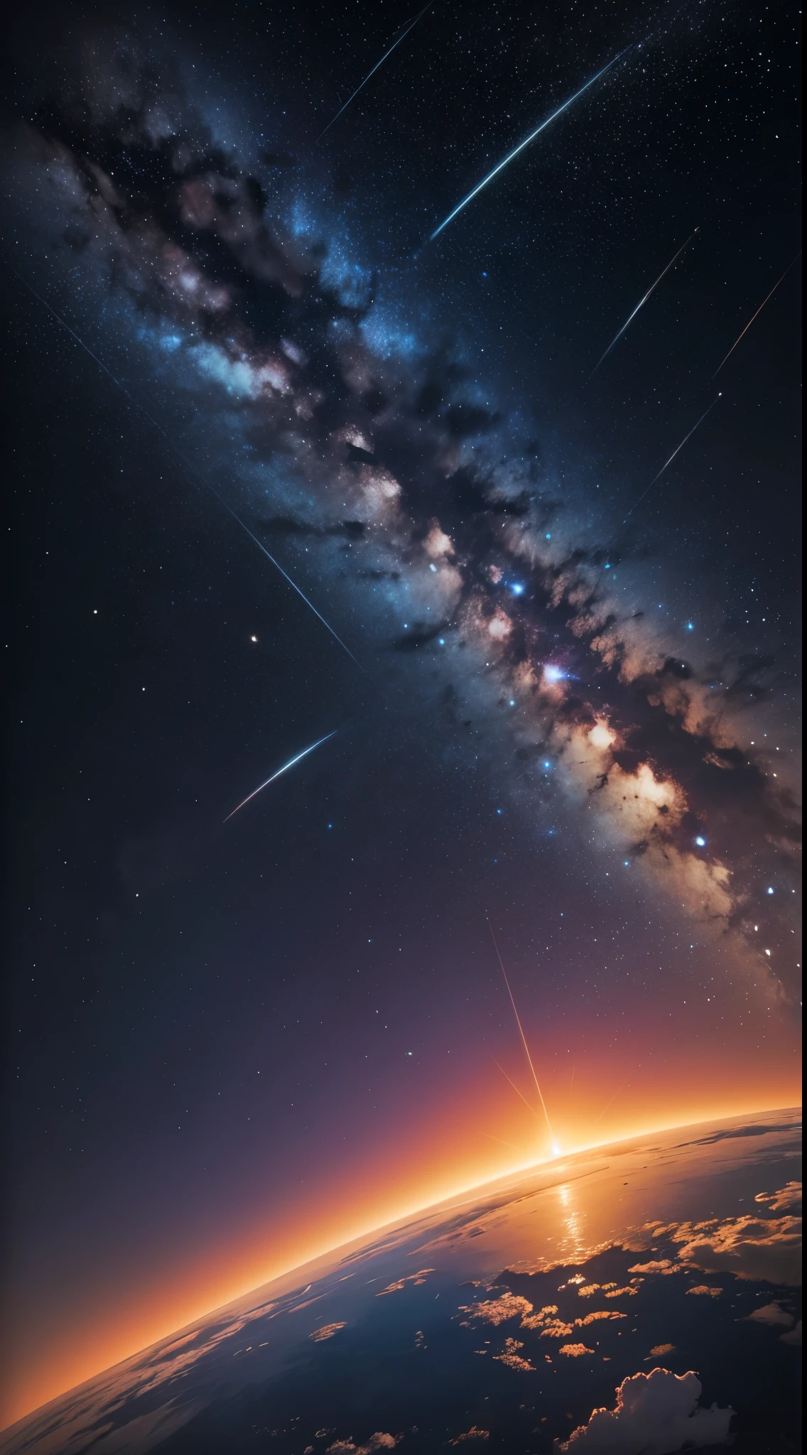 Space, earth, sunrise, galazies, extremely detail, shoot with HDR, bright, colourfull, 8k, image a bit to the right side of the picture, shooting star, the milky way, creative and beautiful scenery