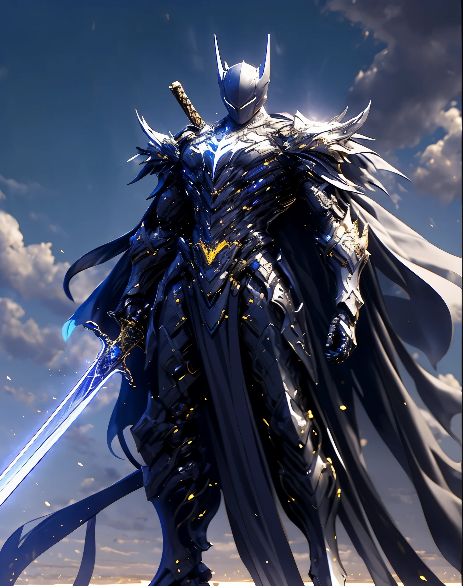 batman in armor with a sword and a cape on his shoulders, intricate assassin mecha armor, elegant smooth silver armor, sleek smooth white plated armor, silver cyber armor, gold and silver armour suit, shiny silver metal armor, arasaka mech, white plated armor, god king of ai art, silver and gold heavy armor, shiny metal armor, white metallic armor