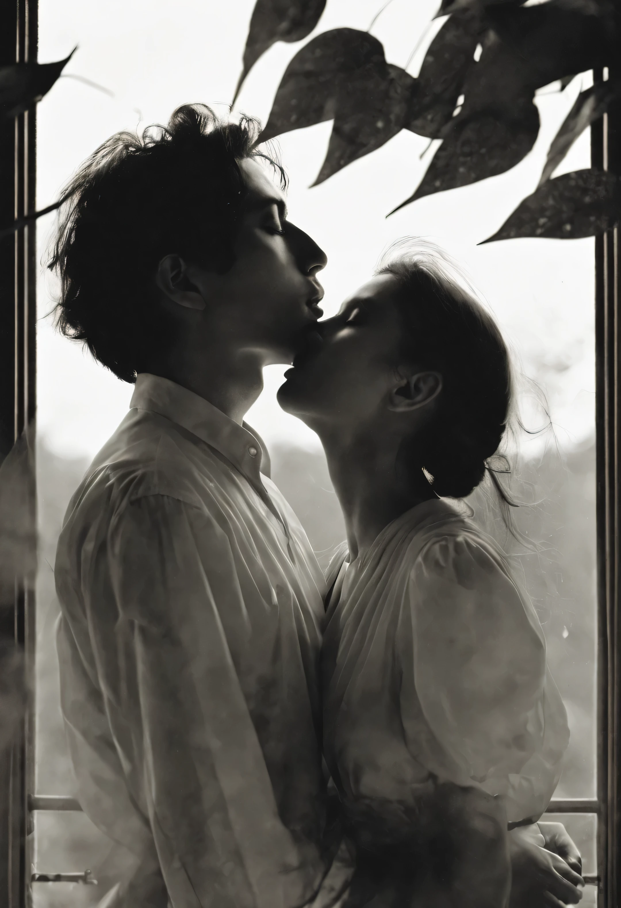 left, couple in love, Impatient, kiss, sad expression, faded elegance, poignant atmosphere, lost beauty, melancholic aura, unforgettable, Eternal sadness, In stark contrast to, subtle decay, flying leaves, cinematic, line art,backlight,wind,backlight,stardust,(wind:1.2)