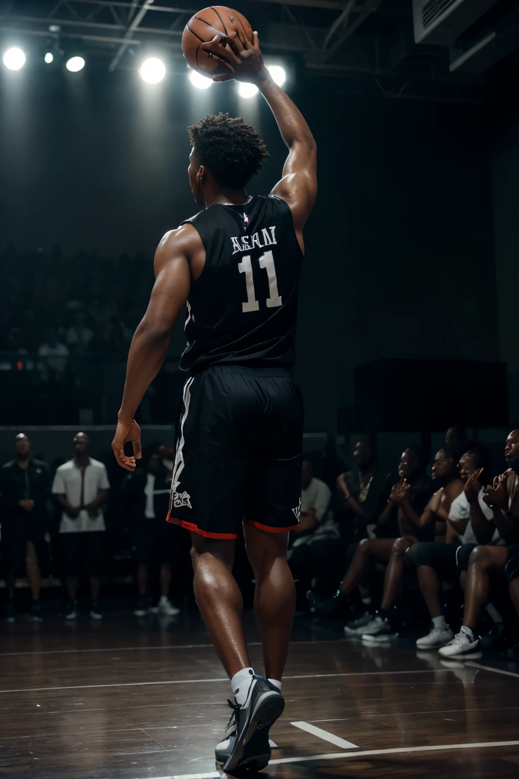 (black, male African American basketball player hold a big trophy, raised his hands:1.1,big trophy:1.1,raised hands from behind ,screaming,celebrating,sweating,dark lightning:1.1,only one light:1.1),(best quality,4k,8k,highres,masterpiece:1.2),ultra-detailed,realistic:1.37,HDR,UHD,studio lighting,sharp focus,physically-based rendering,extreme detail description,professional,vivid colors,bokeh,portraits,emotion:1.1, jump, dark 