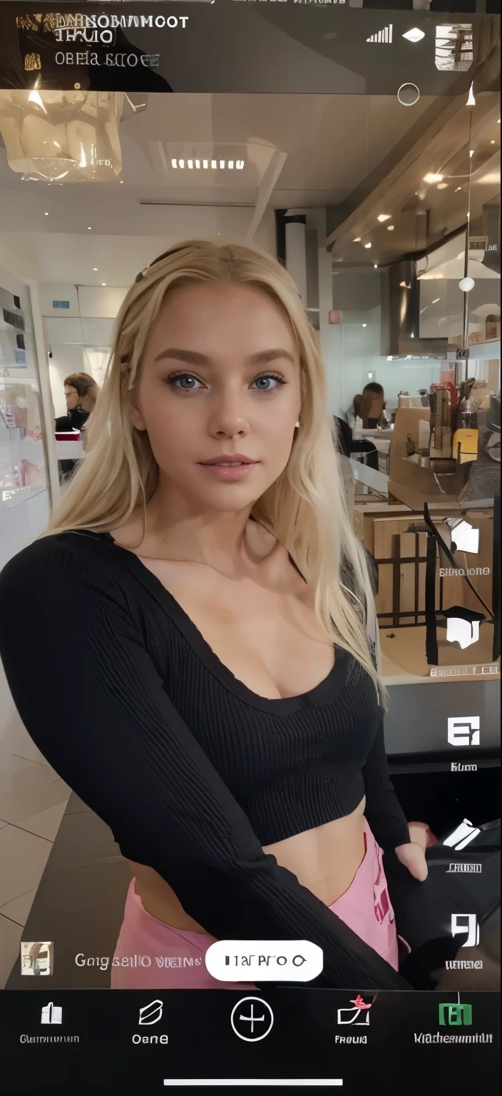 Eine blonde Frau mit braunen Augen, volle Wangen, gespitztes Kinn 