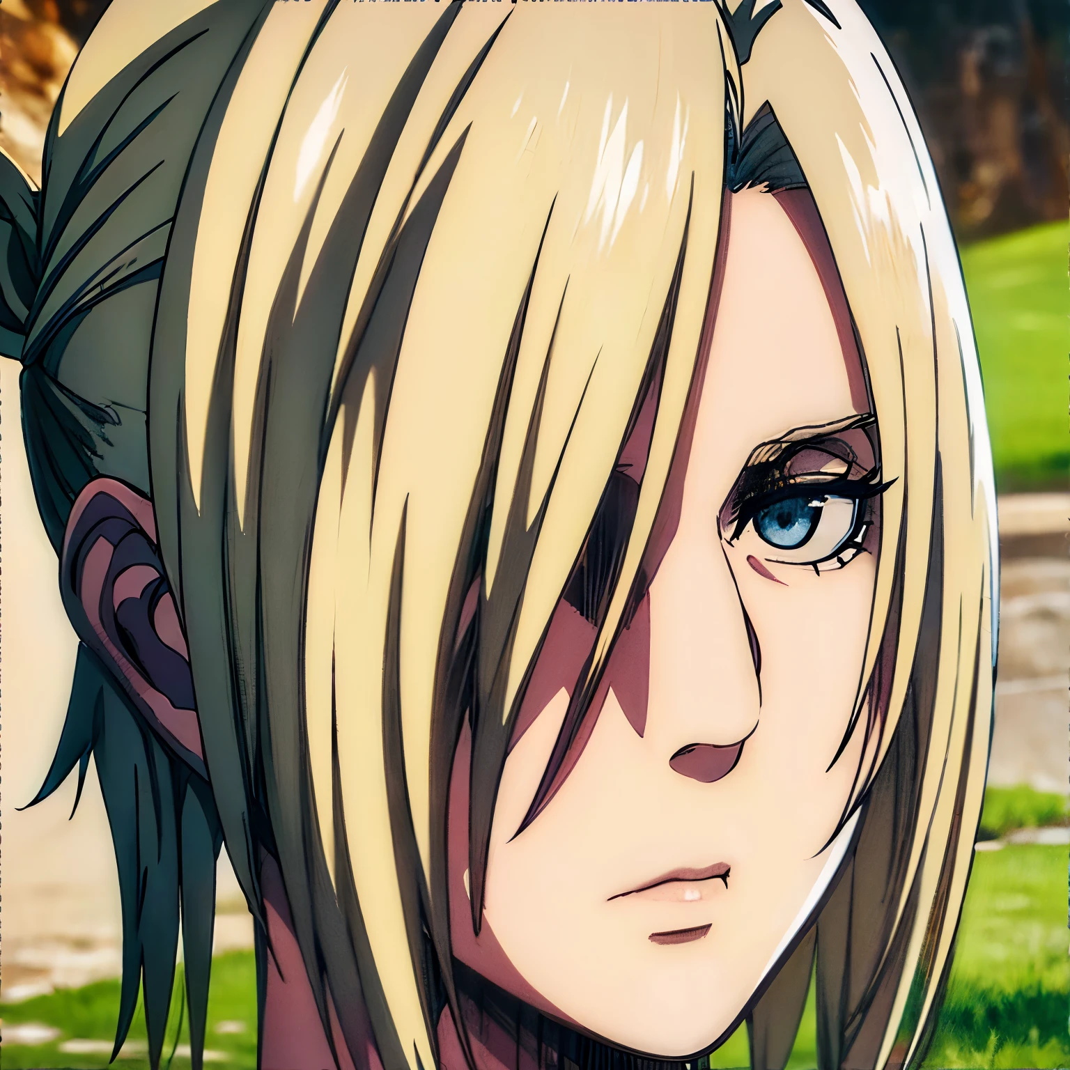 Annie Leonhart, a character from Attack on Titan, is the main focus of the artwork. Her eyes are beautifully detailed, and her lips are also beautifully detailed. Her face and eyes are extremely detailed, with long eyelashes. She is depicted with a strong and confident expression. 

The medium used to create this artwork is an illustration, with a realistic and photorealistic style. The artwork is of the best quality, with a resolution of 4k or 8k, ensuring ultra-detailed and sharp focus. The colors are vivid and the lighting is carefully crafted to create a visually appealing scene. The artwork showcases the human body in a tasteful manner, highlighting the beauty and elegance of the female form. 

In the background, there is a garden setting, featuring lush greenery and blooming flowers. The composition is balanced and visually pleasing, emphasizing the beauty of nature. The artwork captures Annie Leonhart as a strong and captivating character, with attention to detail and realism. 

She has big tits, her tits are masive, her breasts are large.