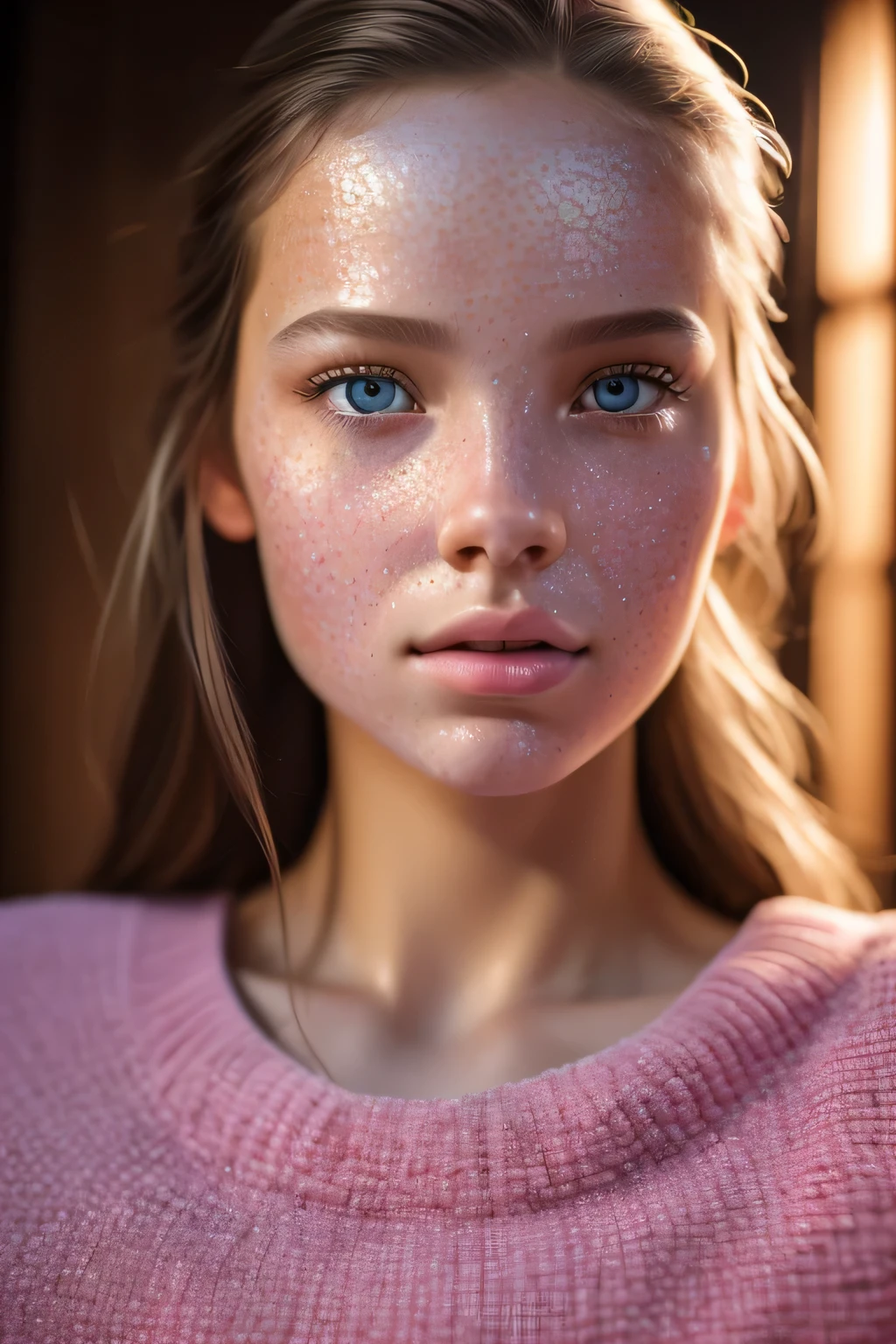 8k, best quality, masterpiece, ultra high resolution, (realism: 1.4), original photo, (Realistic skin texture: 1.3), (film grain: 1.3), (Selfie angle), 1 girl, pink clothes, Sapphire eyes and beautiful facial details, masterpiece, best quality, close up, The highest quality pull-ups for the upper body