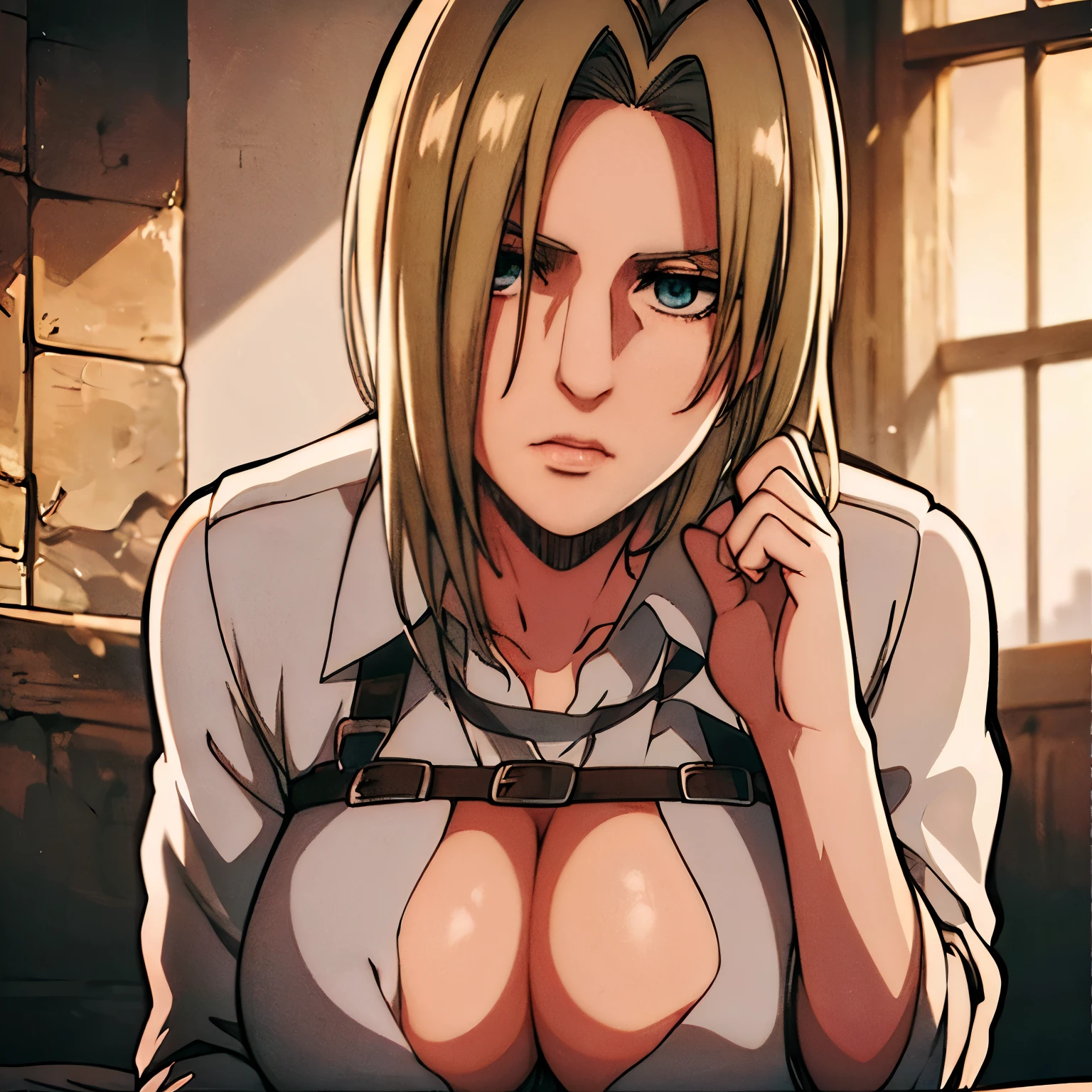 Annie Leonhart, a character from Attack on Titan, is the main focus of the artwork. Her eyes are beautifully detailed, and her lips are also beautifully detailed. Her face and eyes are extremely detailed, with long eyelashes. She is depicted with a strong and confident expression. 

The medium used to create this artwork is an illustration, with a realistic and photorealistic style. The artwork is of the best quality, with a resolution of 4k or 8k, ensuring ultra-detailed and sharp focus. The colors are vivid and the lighting is carefully crafted to create a visually appealing scene. The artwork showcases the human body in a tasteful manner, highlighting the beauty and elegance of the female form. 

In the background, there is a garden setting, featuring lush greenery and blooming flowers. The composition is balanced and visually pleasing, emphasizing the beauty of nature. The artwork captures Annie Leonhart as a strong and captivating character, with attention to detail and realism. 

She has big tits, her tits are masive, her breasts are large. Prominent chest, chest focus, NUDE BREASTS, PRESENTING BREASTS, SEXY TITS