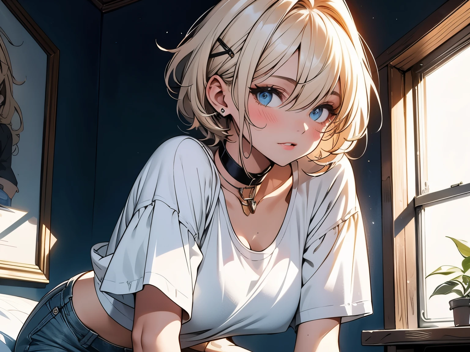 short hair, looking at viewer, indoors, blush, blue eyes, medium breasts, choker, half closed eyes, hair between eyes, torogoa, crop top overhang, hairclip, short sleeves, shirt, no bra, underboob, stretching, navel, wet, white shirt, on bed, cowboy shot, ((action shot)), simple background, contrasting background, best quality, amazing quality, very aesthetic, absurdres