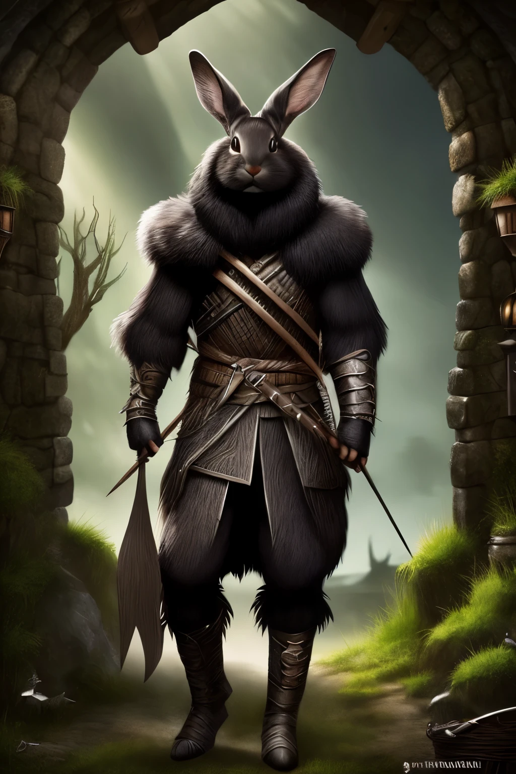 fantasy, antropomorph,animal, male rabbit, black fur, village, bow in hand, archer