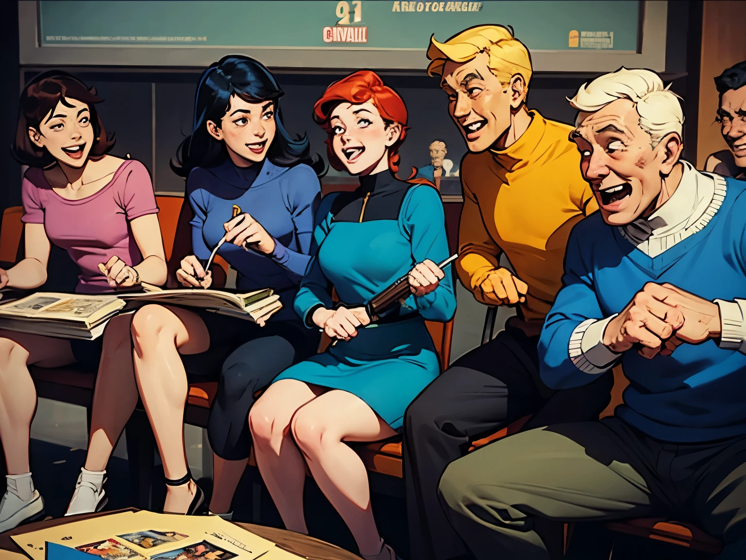 group of people, university students, smiling, conversation, having fun, ((comics style)), by Herge, colour graded