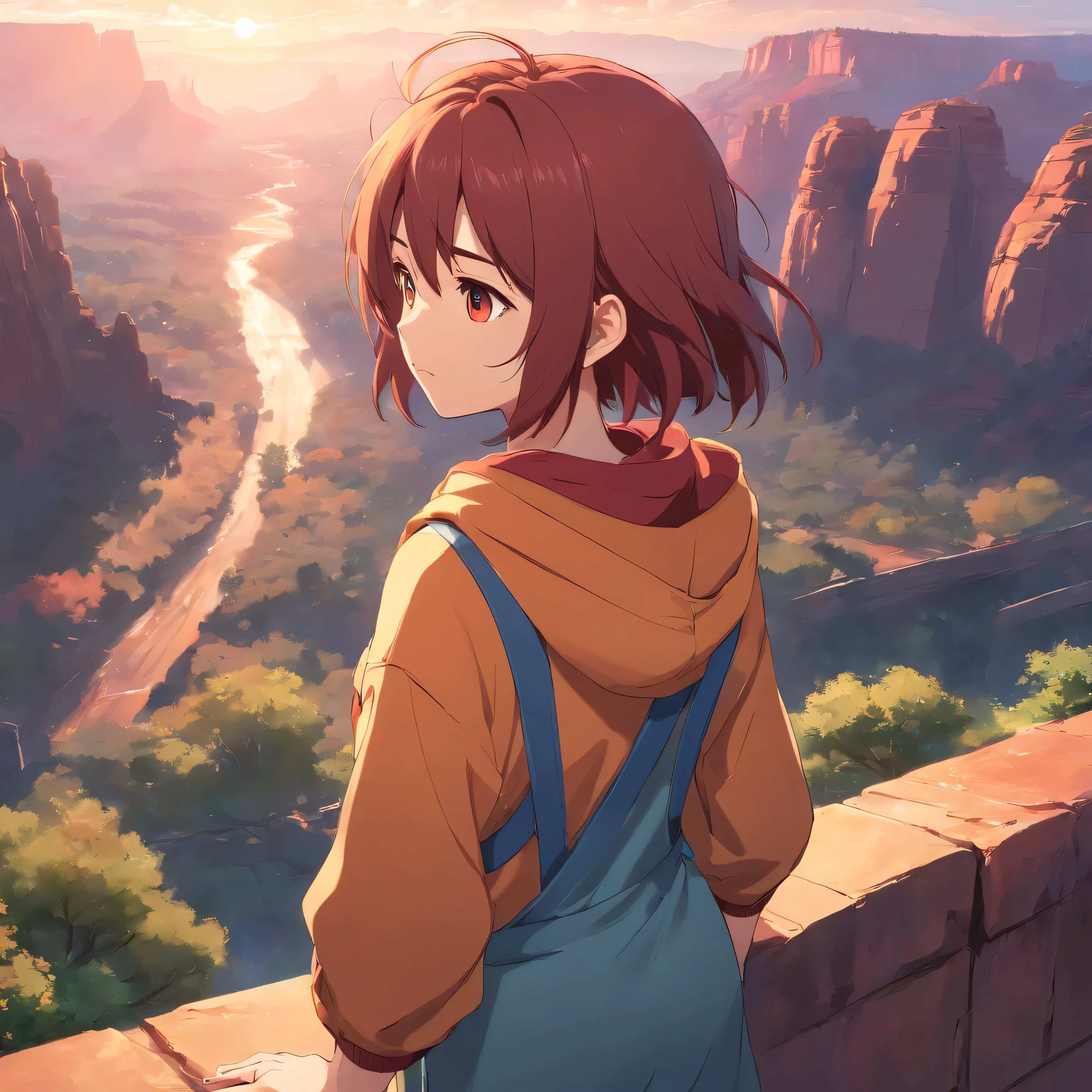 1 chica, pelo rojo corto, con un dedo en la boca, ropa ajustada, chilena, colores de chile, cielo rojizo, atardecer, paisaje hermoso, alta calidad, 4k, hd, particulas rojizas. Standing on a ledge of the grand canyon in Sedona Arizona while looking sad and depressed like shes saying goodbye for the last time as she looks back over her shoulder  for one last glance at the camera before jumping