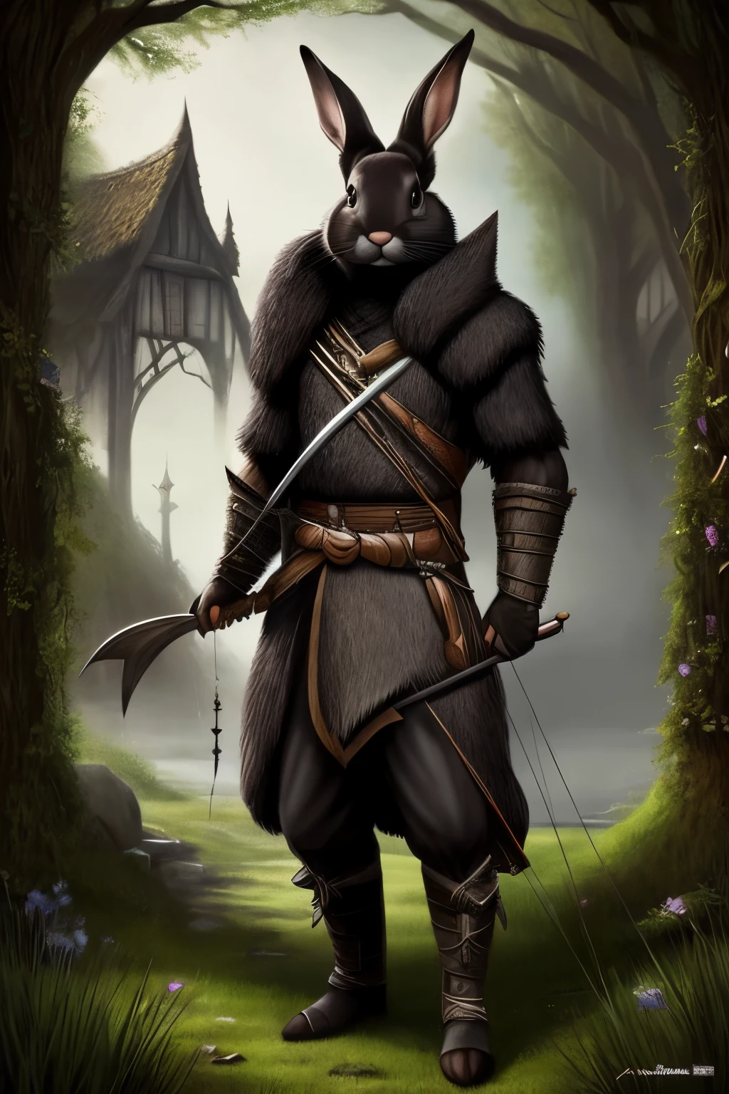 fantasy, antropomorph,animal, male rabbit, black fur, village, archer, bow in hand