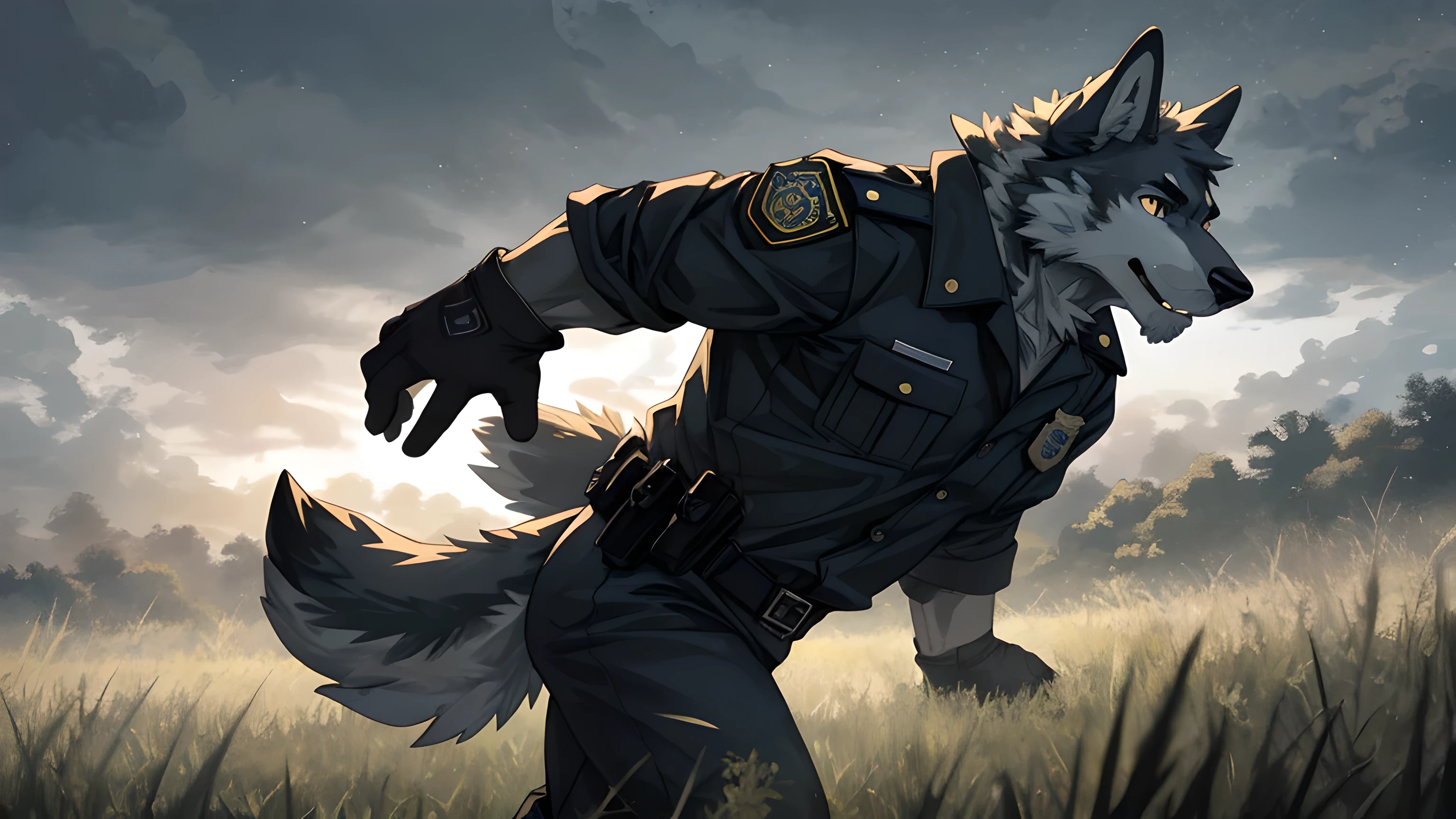 (perfect anatomy),high detail, field,fog,solo,male,wolf,gloves, cold tone, black clothing, police, uniform, detailed face, portrait, dynamic pose, running, vibrant color, flat color, black boots, dynamic angle, (Realistic eye detail), handsome face, anthro wolf, rainning, side angle, bright lighting