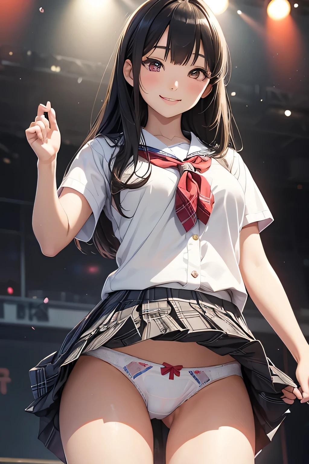 very beautiful Japanese woman, 18 years old, 1girl, very beautiful idol face, Japanese idol uniform,  (skirt lift), white panties, plaid skirt, pleated skirt, on the stage, black hair, whole body, well-proportioned eyes, smiling face, detailed, 8k, natural light, professional lighting, masterpiece, top quality illustration, high resolution,