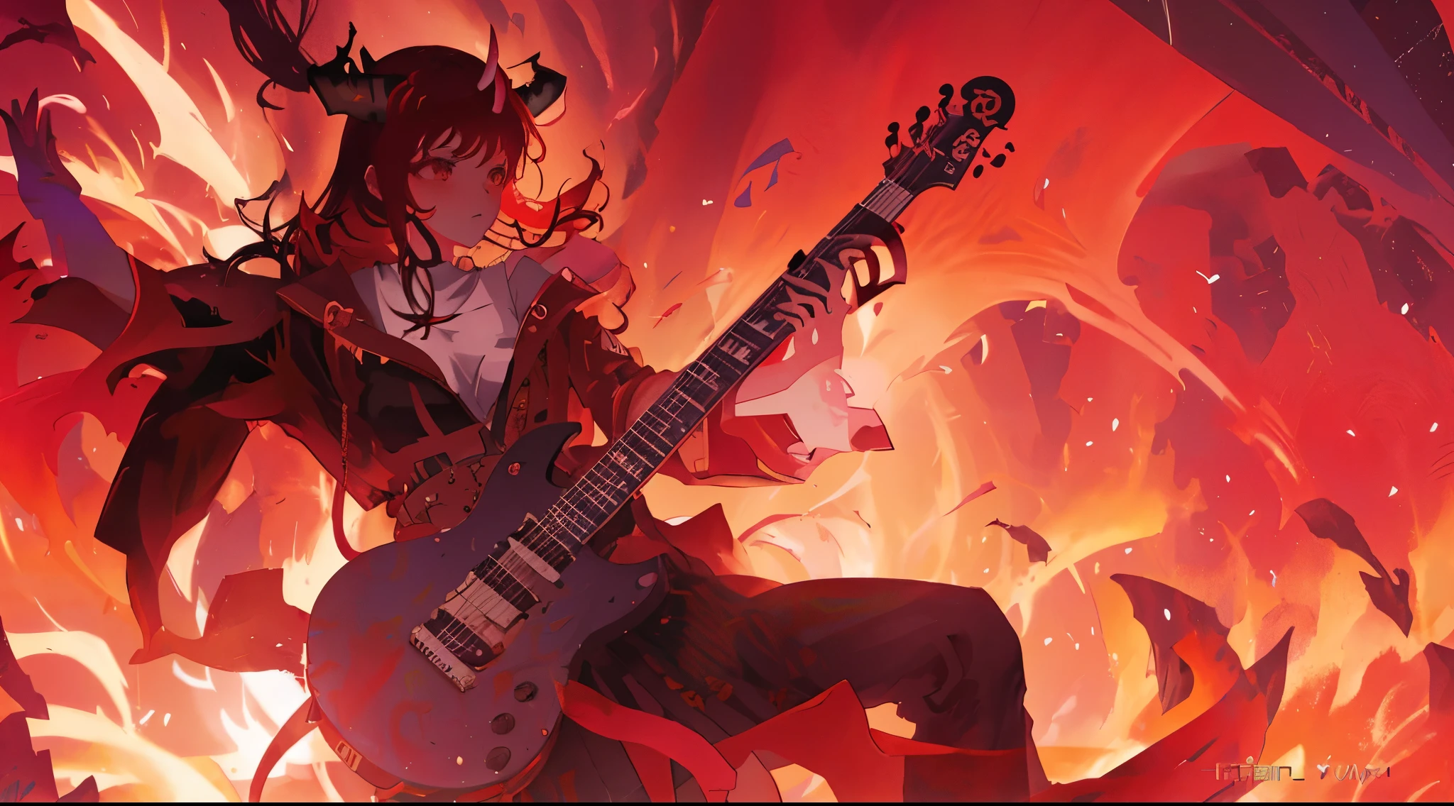 anime, a woman with horns and a guitar in a fire - colored scene, by Yang J, detailed cover artwork, album art, pixiv contest winner, anime fantasy illustration, detailed digital anime art, badass composition, by Yuumei, by Shitao, heavy metal art style, anime fantasy artwork, official artwork, anime epic artwork, nightcore