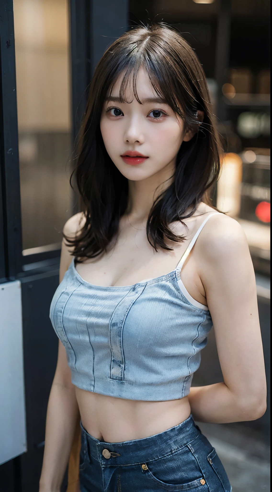 (photorealistic:1.8),(bokeh:0.3),((((film grain)))),(masterpiece:1.2),(highest quality:1.2),8k,raw photo,High-quality texture,detailed texture, Girl in thin low cut camisole and tight denim shorts poses for photo、full body Esbian、Cropped T-shirt、bra very、Slim body、(large breasts)、Slim Girl Model、24歳の女性モデル、Beautiful body Highly detailed face Facing the front Navel out See all Lower abdomen showing a beautiful belly Too torn denim shorts Shabby denim shorts Thigh exposure Shabby string camisole Only the strings are too short camisoles Denim shorts that are too short genitals are visible Low-rise denim shorts Micro Denim Shorts Scanty Denim panties Show all your beautiful body
