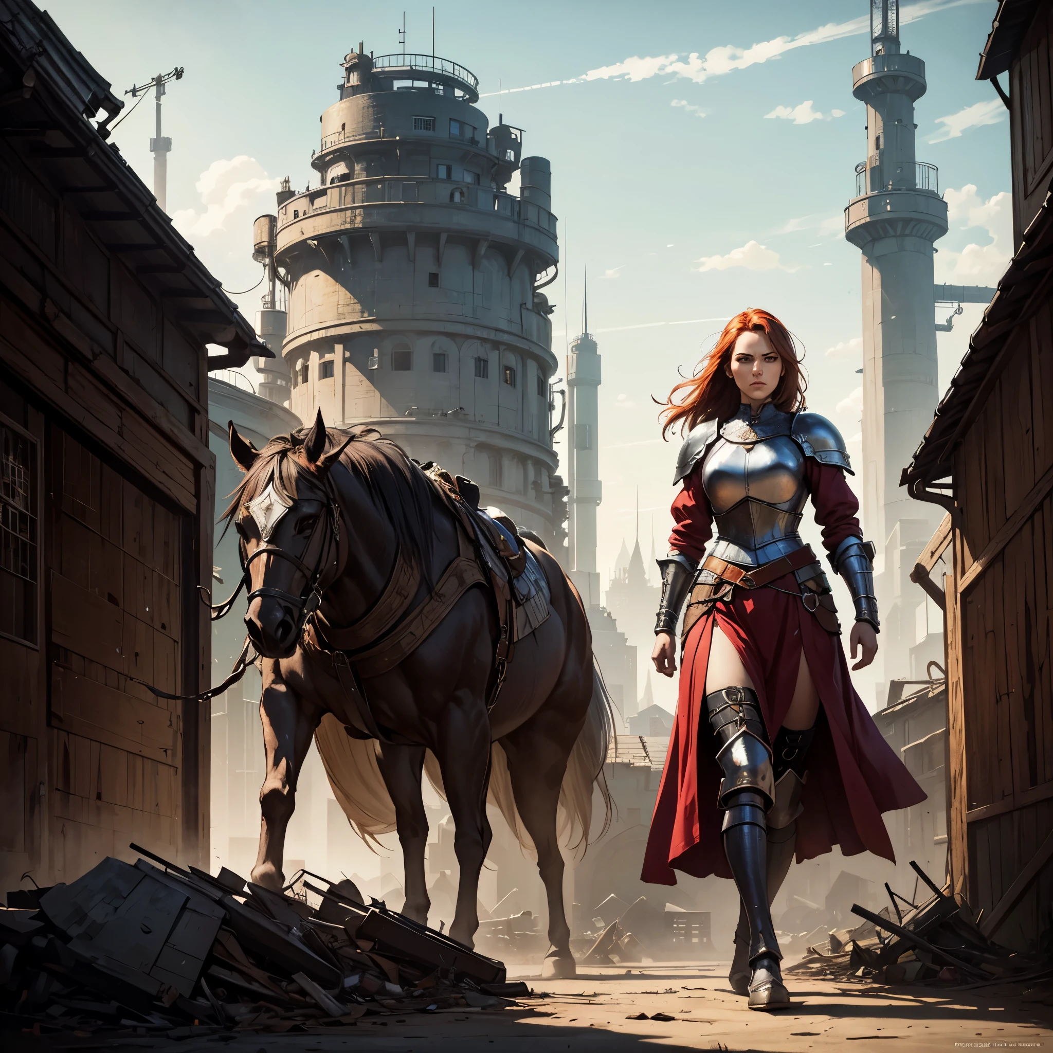 Masterpiece, beautiful auburn thirty years old warrior female, noble knight, shoulder hair, epic, badass, charismatic, determined, looking down a grey city of industrial fantasy, medieval era, medieval style, powerful, high resolution