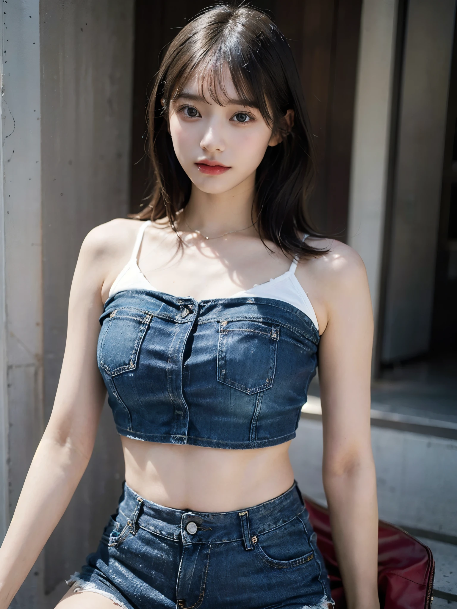 (photorealistic:1.8),(bokeh:0.3),((((film grain)))),(masterpiece:1.2),(highest quality:1.2),8k,raw photo,High-quality texture,detailed texture, Girl in thin low cut camisole and tight denim shorts poses for photo、full body Esbian、Cropped T-shirt、bra very、Slim body、(large breasts)、Slim Girl Model、24歳の女性モデル、Beautiful body Highly detailed face Facing the front Navel out See all Lower abdomen showing a beautiful belly Too torn denim shorts Shabby denim shorts Thigh exposure Shabby string camisole Only the strings are too short camisoles Denim shorts that are too short genitals are visible Low-rise denim shorts Micro Denim Shorts Scanty Denim panties Show all your beautiful body