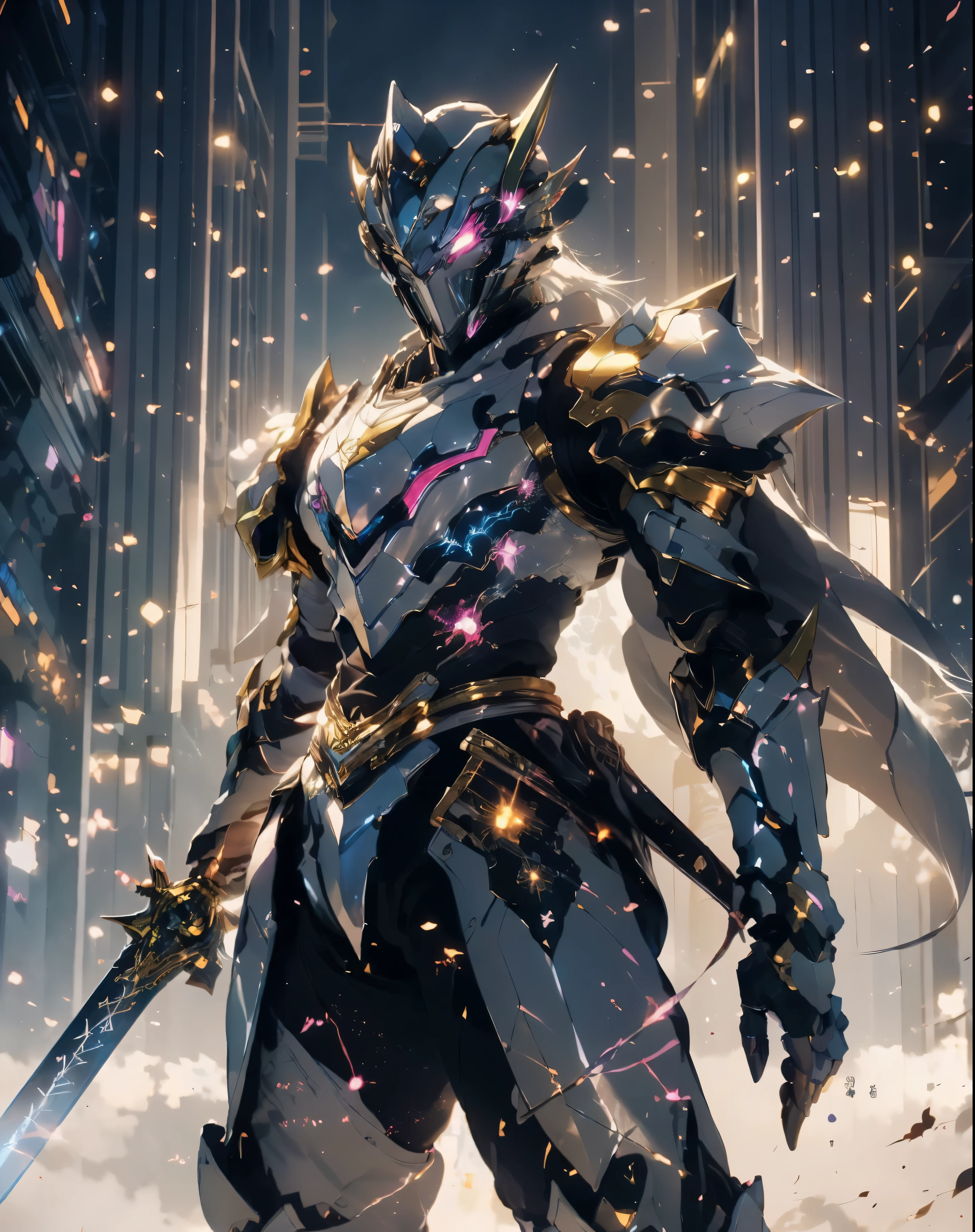 a close up of a person holding a sword in a space, anime epic artwork, rossdraws global illumination, colorful light leather armor, rossdraws pastel vibrant, clean detailed anime art, cgsociety 9, clean anime art, anime fantasy artwork, strong fantasy knight, fantasy knight, colored manga art, colorful aura, rossdraws cartoon vibrant, detailed anime artwork