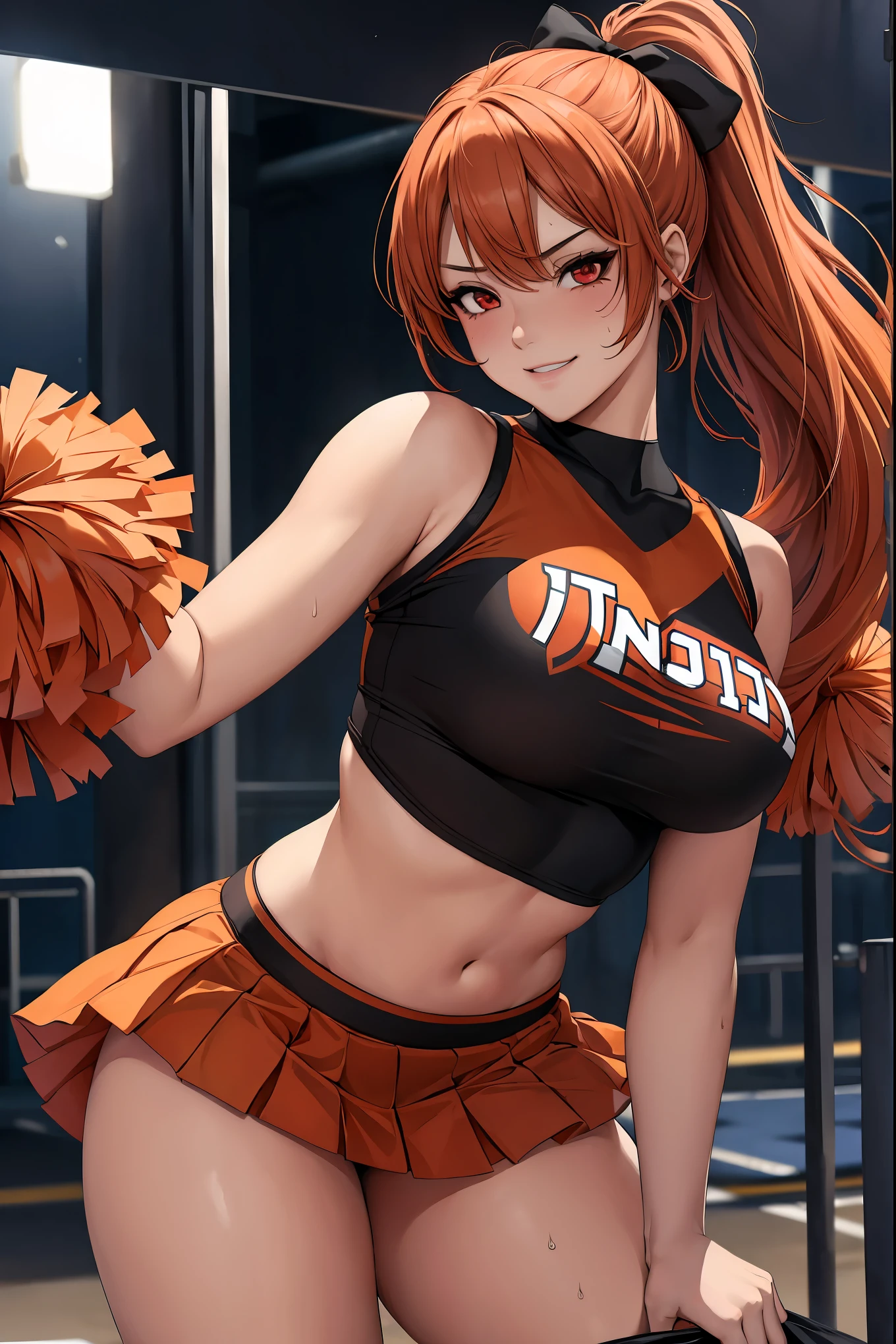 1girl, sweaty, cheerleader, cheerleading costume, outside, teasing, sinister and stern red eyes, peach colored hair, ponytail with black bow, sexy girl, sexy, cute smirk, 