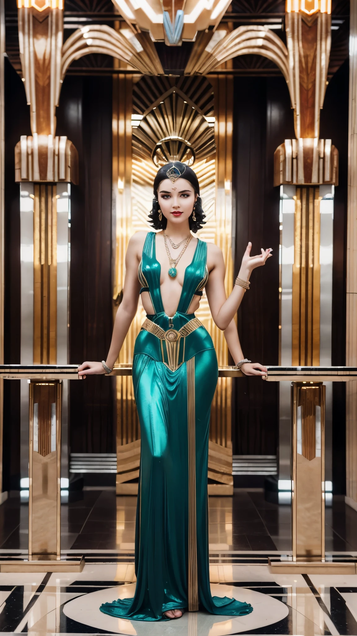 Beautiful woman in a random situation and place, sexy, thin, random color hair, random color eyes, wearing beautiful exotic gown and expensive jewelry, very happy, (full body:1.5), (Art Deco:1.6), hyperrealistic, 8k, vibrant colors, sharp crisp image