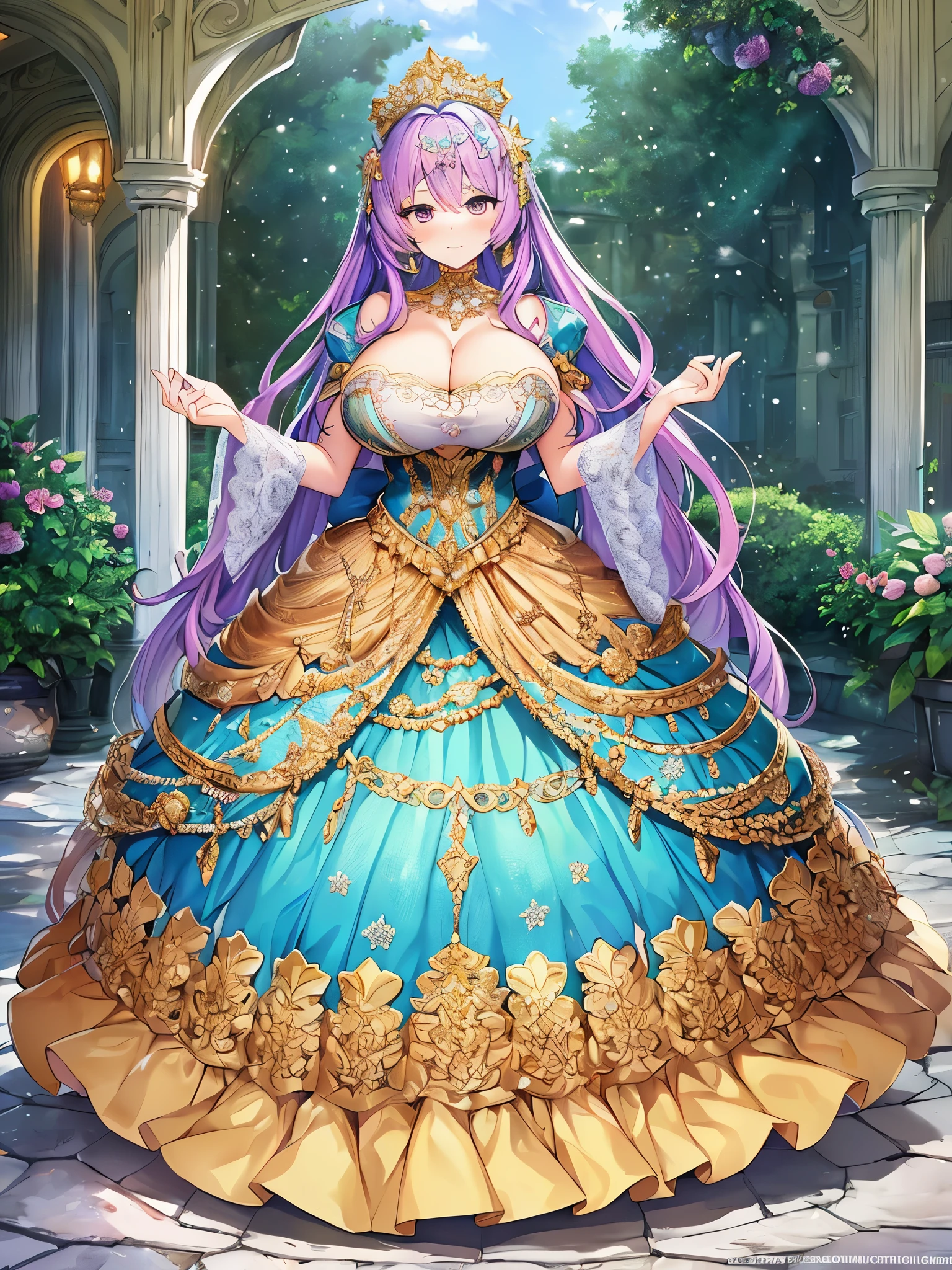 anime artstyle,Masterpiece,Best Quality,Super Detail,((Very Delicate and Beautiful)),(((1 plump princess in beautiful embroidery and jeweled gorgeous rococo ballgown with voluminous hoop skirt))),crinoline skirt,((Solo)),((winter garden with snow,sonw,sky)),((outdoor)),((full body)),(((gigantic tits,gigantic tits,cleavage,sagging tits,hanging breasts))),skindentation,(detailed face and eyes),jewel-like eyes,((extremely voluminous straight Hair,Extremely Long Straight Hair)),(((gorgeousfull embroidery and lace,beautiful embroidery and jeweled))),Gorgeous Gemstone Jewelry,gorgeous corsage,((gorgeous hair ornament,glitter jeweled gorgeous big tiara)),((full body)),((beautiful embroidery and jeweled gorgeous rococo ballgown with voluminous hoop skirt)),crinoline skirt,(crinoline),((winter garden with snow,sonw,snowflake,outdoor,sky)),Looking at viewer,dynamic angle,(((beautiful embroidery and jeweled gorgeous rococo ballgown with voluminous hoop skirt))),crinoline skirt,full body,