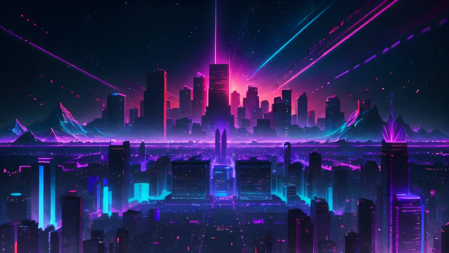 retrowave. distant city, purple neon lights, sun, mountain,
(masterpiece,detailed,highres),