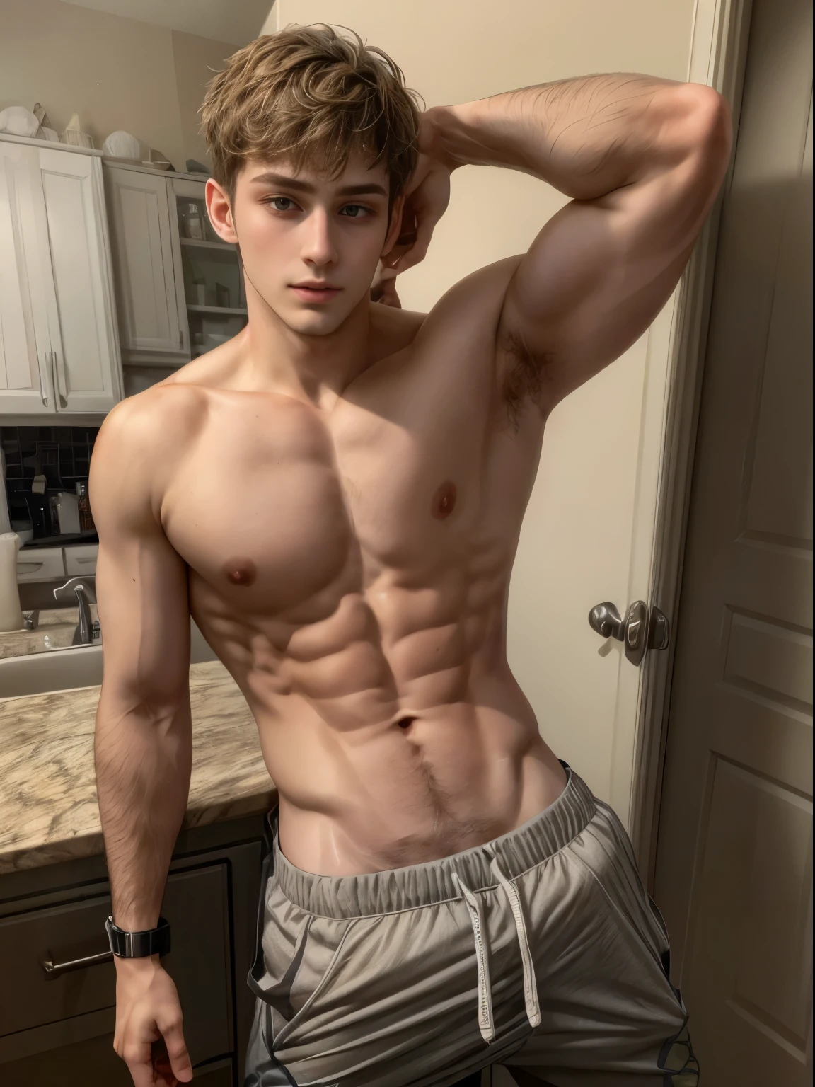 ((Masterpiece, Best quality, High accuracy)) 1 boy, 19 years, drinking, bare chest, sublime, perfect body, He only wears sweatpants
