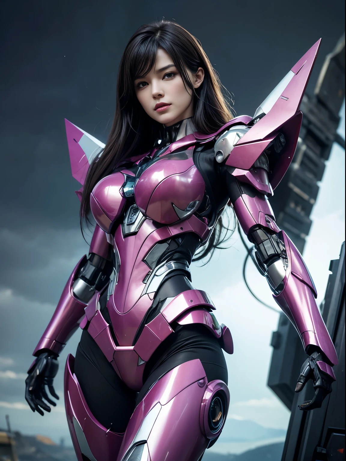 Textured skin, Super Detail, high details, High quality, Best Quality, hight resolution, 1080p, hard disk, Beautiful,(Arcee),beautiful cyborg woman,Mecha Cyborg Girl,Battle Mode,Girl with a Mecha Body,She wears a futuristic Transformers mech,Female Warrior,fully body photo. purple, very very very long hair very silky, attack