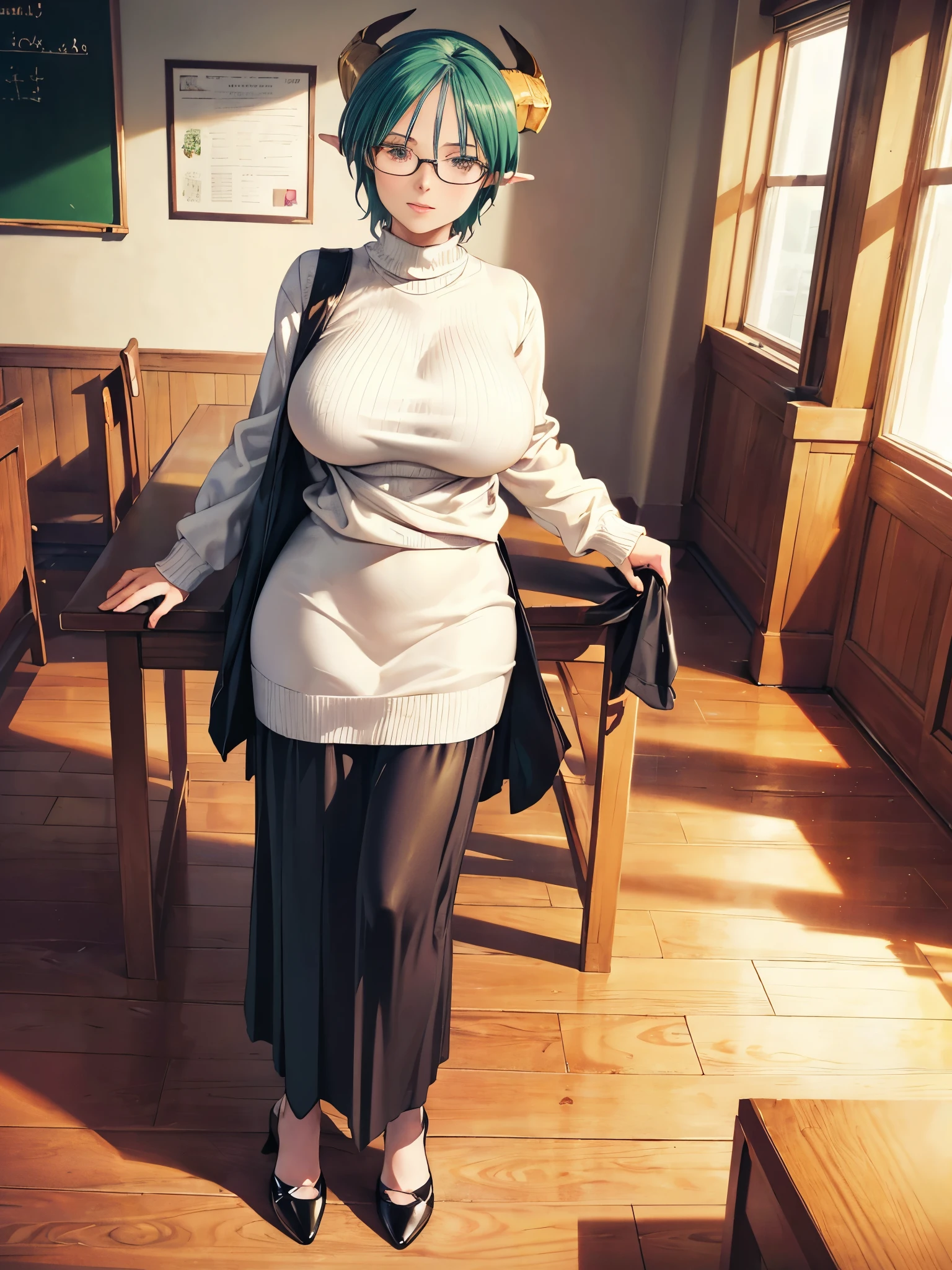 ((highest quality,4K,8K,High resolution,masterpiece:1.2,super detailed,realistic,photorealistic,photo-realistic:1.37)),(A female devil wearing glasses in married clothes)),20th generation,perfect face,((huge tit)),(full body),((Wet skin)),(Green hair,short cut,horn),(flushed face,Flushed body),(from front), look at viewer,full body,Classroom after school,(White knit sweater, long skirt)