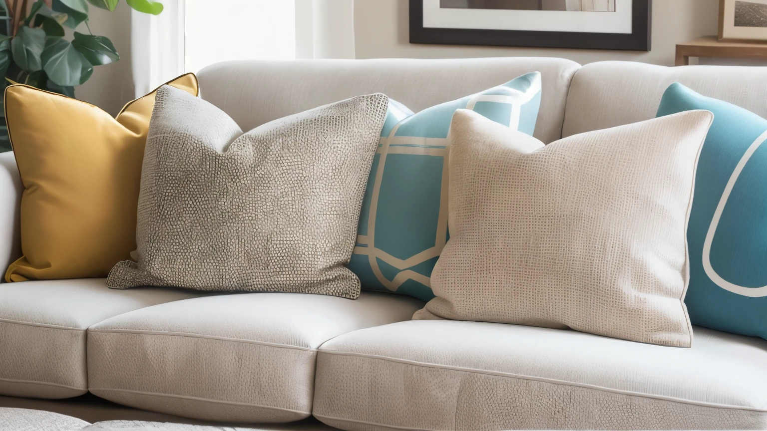 close up view of a wide modern white couch with big cushions and lots of decorative pillows