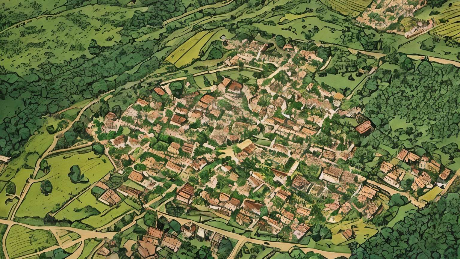a view of a large field with a small village in the middle, medieval village on the plains, roman city, early medieval, a digital rendering, roman setting, aerial view of an ancient land, ancient roman setting, close portrait, bird's eye view, aerial illustration, bird - eye view, bird's - eye view, bird's-eye view