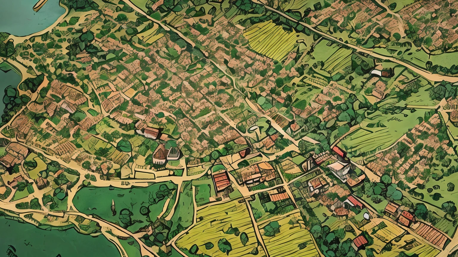 a close up of a map of a town with a river running through it, medieval village on the plains, a small medieval village, medieval map of small town, above a village, medieval village, aerial illustration, by Tomasz Jedruszek, by Tadeusz Pruszkówski, small village, village in the woods