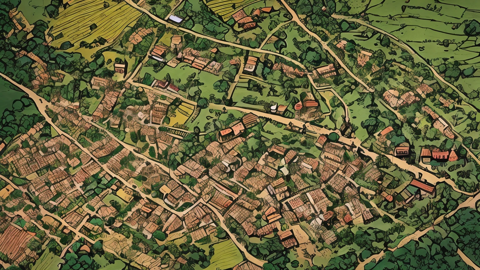 a close up of a map of a town with a river running through it, medieval village on the plains, a small medieval village, medieval map of small town, above a village, medieval village, aerial illustration, by Tomasz Jedruszek, by Tadeusz Pruszkówski, small village, village in the woods