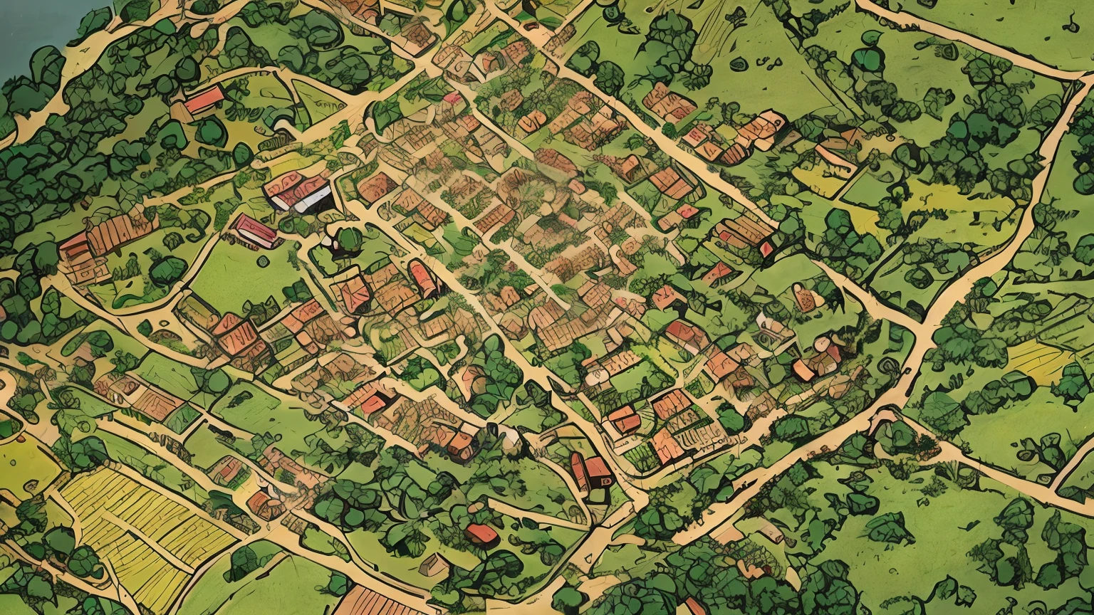 a close up of a map of a town with a river running through it, medieval village on the plains, a small medieval village, medieval map of small town, above a village, medieval village, aerial illustration, by Tomasz Jedruszek, by Tadeusz Pruszkówski, small village, village in the woods