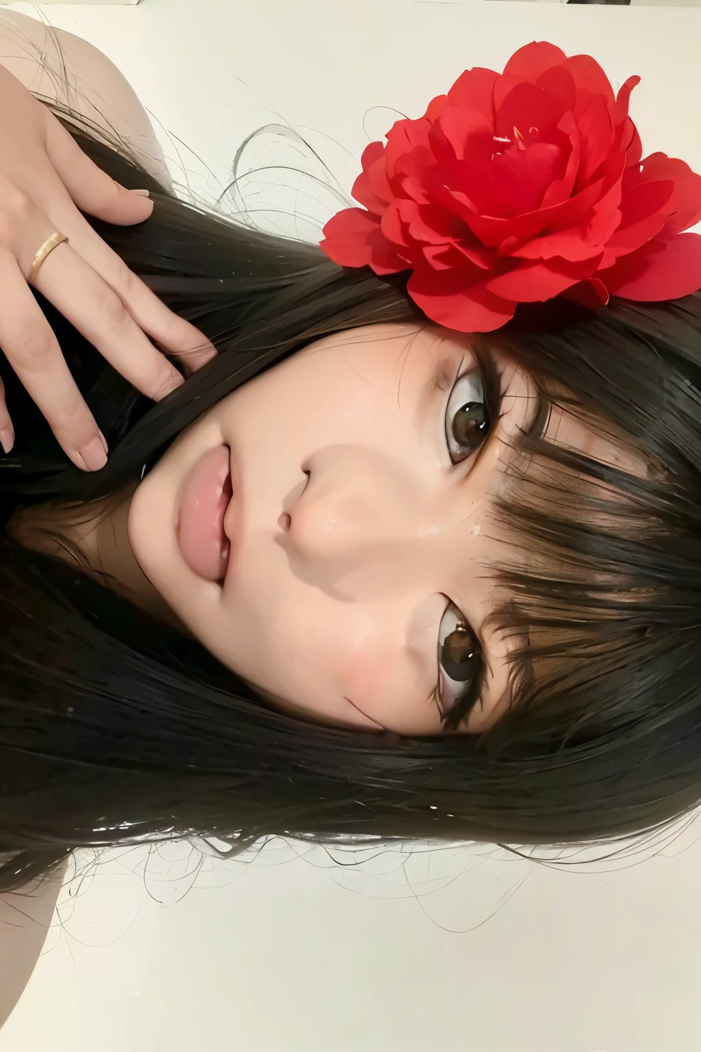 Hay una mujer con una flor en el pelo, retrato realista kawaii, linda cara de anime natural, sakimi-chan, ulzzang, sakimichan, estilo anime realista 3d, anime fotorrealista, anime semi realista, Es shinsui, bonita cara de anime, shikami, chiho, hermosa cara de anime, 🤤 girl portrait, Chica con cara de flor
