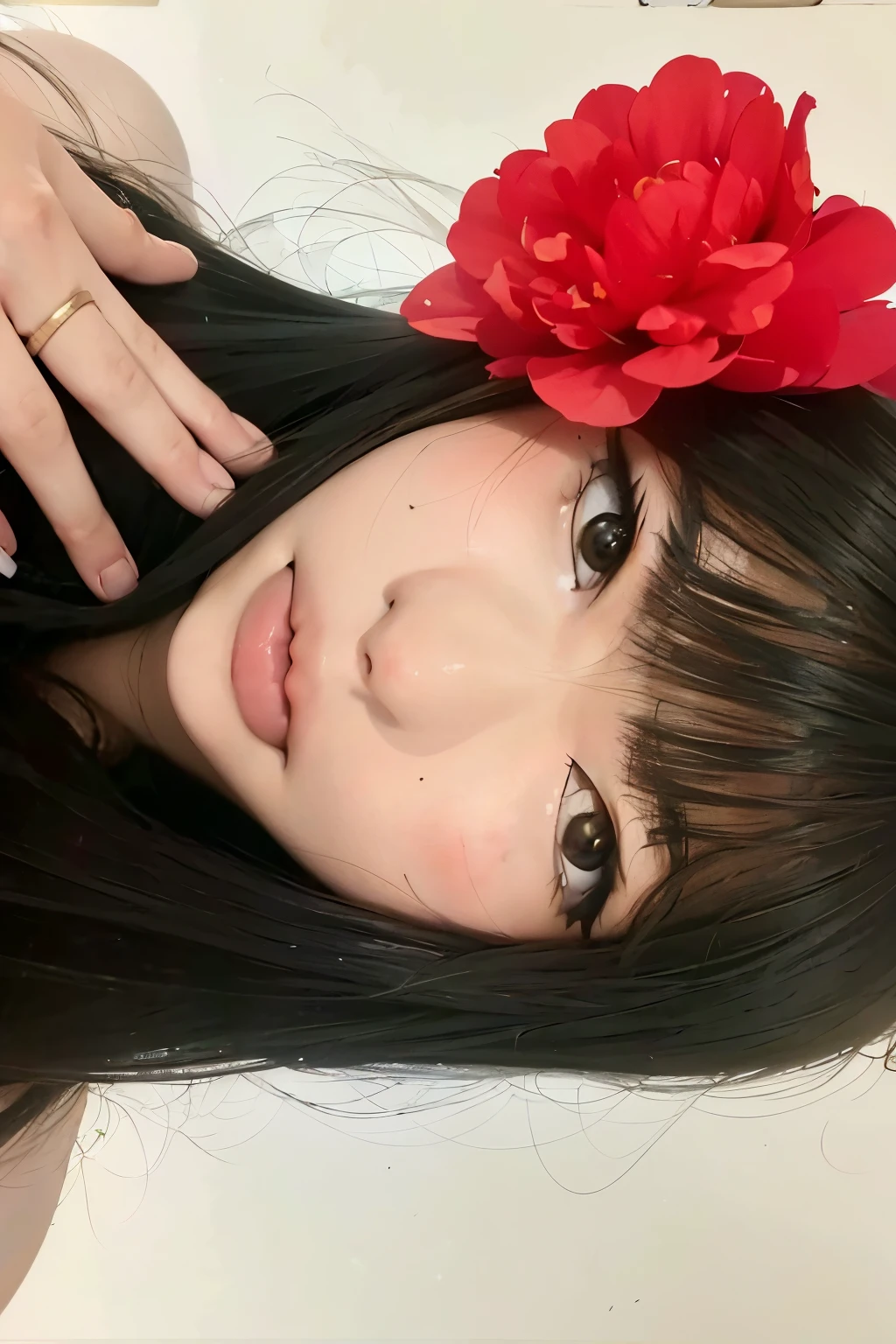 Hay una mujer con una flor en el pelo, retrato realista kawaii, linda cara de anime natural, sakimi-chan, ulzzang, sakimichan, estilo anime realista 3d, anime fotorrealista, anime semi realista, Es shinsui, bonita cara de anime, shikami, chiho, hermosa cara de anime, 🤤 girl portrait, Chica con cara de flor