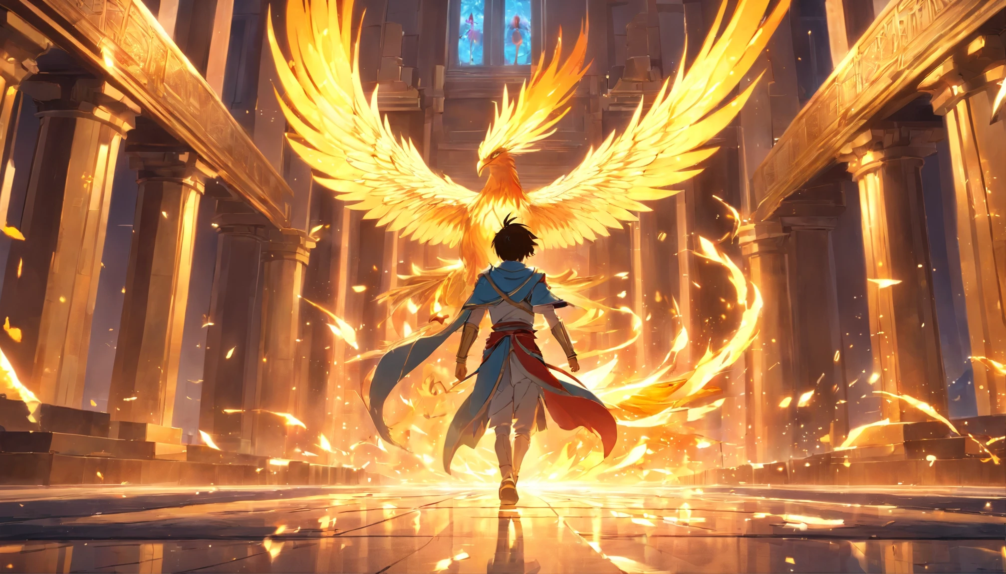 iki from phoenix, 1 man, knight of phoenix, Anime Knights of the Zodiac, Anime saint Seyia, fantasy image, knight of phoenix walking shrouded in golden crystal shards and fire, highly detailed destroyed greek temple background