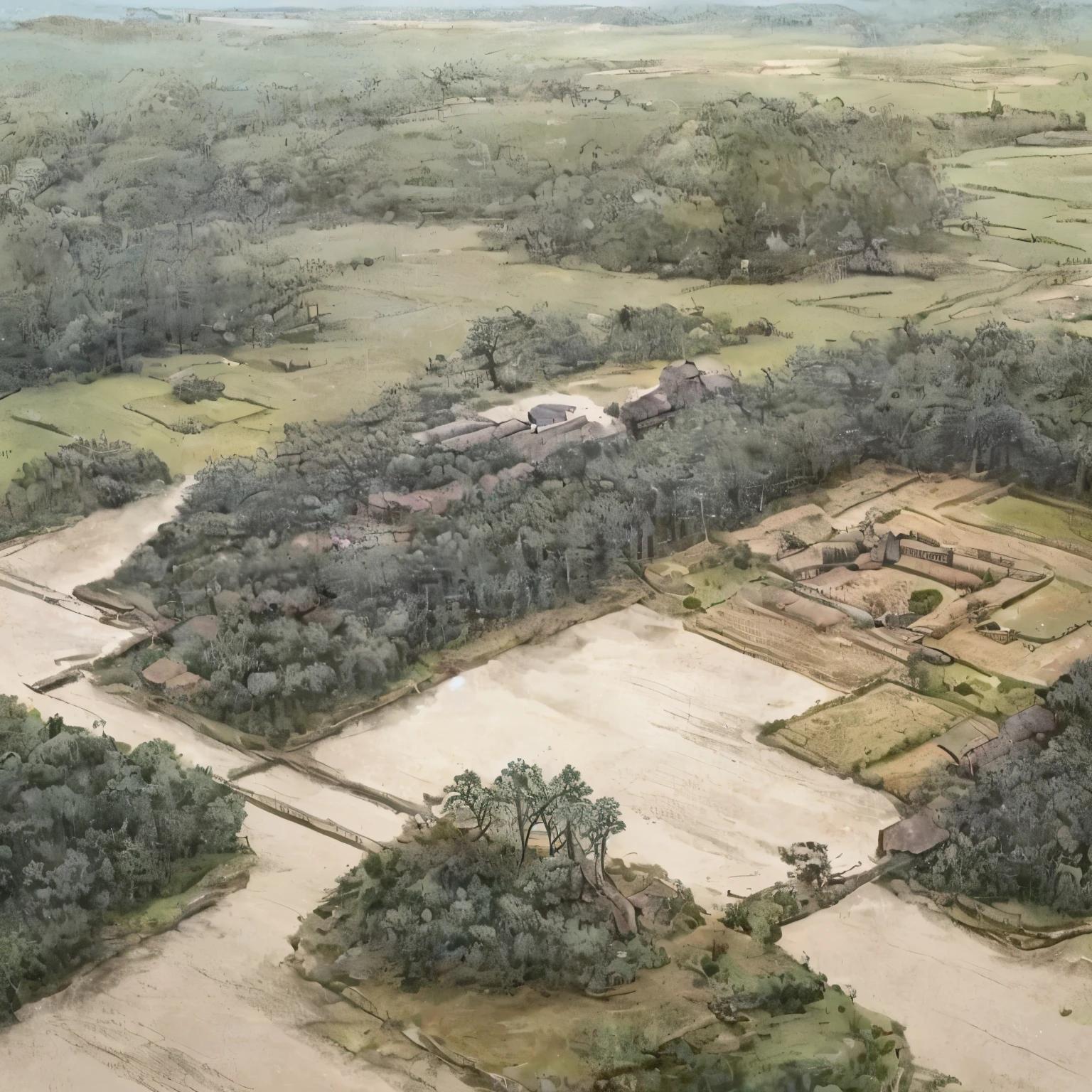 an aerial view of a large building surrounded by trees, medieval village on the plains, a small medieval village, early medieval, by Edward Clark, medieval village, feudal japanese setting, by Artur Tarnowski, hq very detailed, by Tomioka Tessai, by Yun Du-seo, very detailed!, by John Moonan, medieval setting