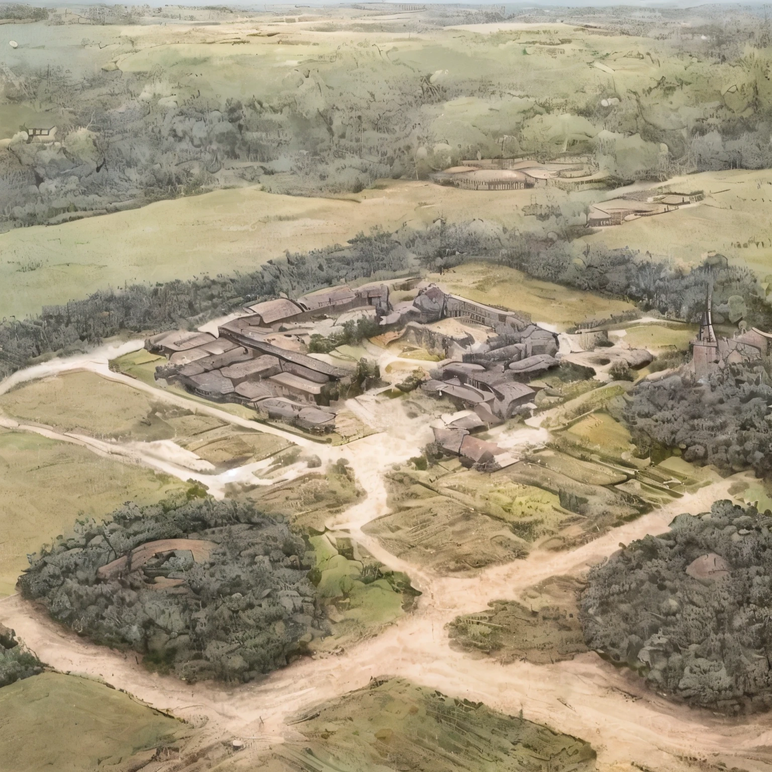 an aerial view of a large building surrounded by trees, medieval village on the plains, a small medieval village, early medieval, by Edward Clark, medieval village, feudal japanese setting, by Artur Tarnowski, hq very detailed, by Tomioka Tessai, by Yun Du-seo, very detailed!, by John Moonan, medieval setting