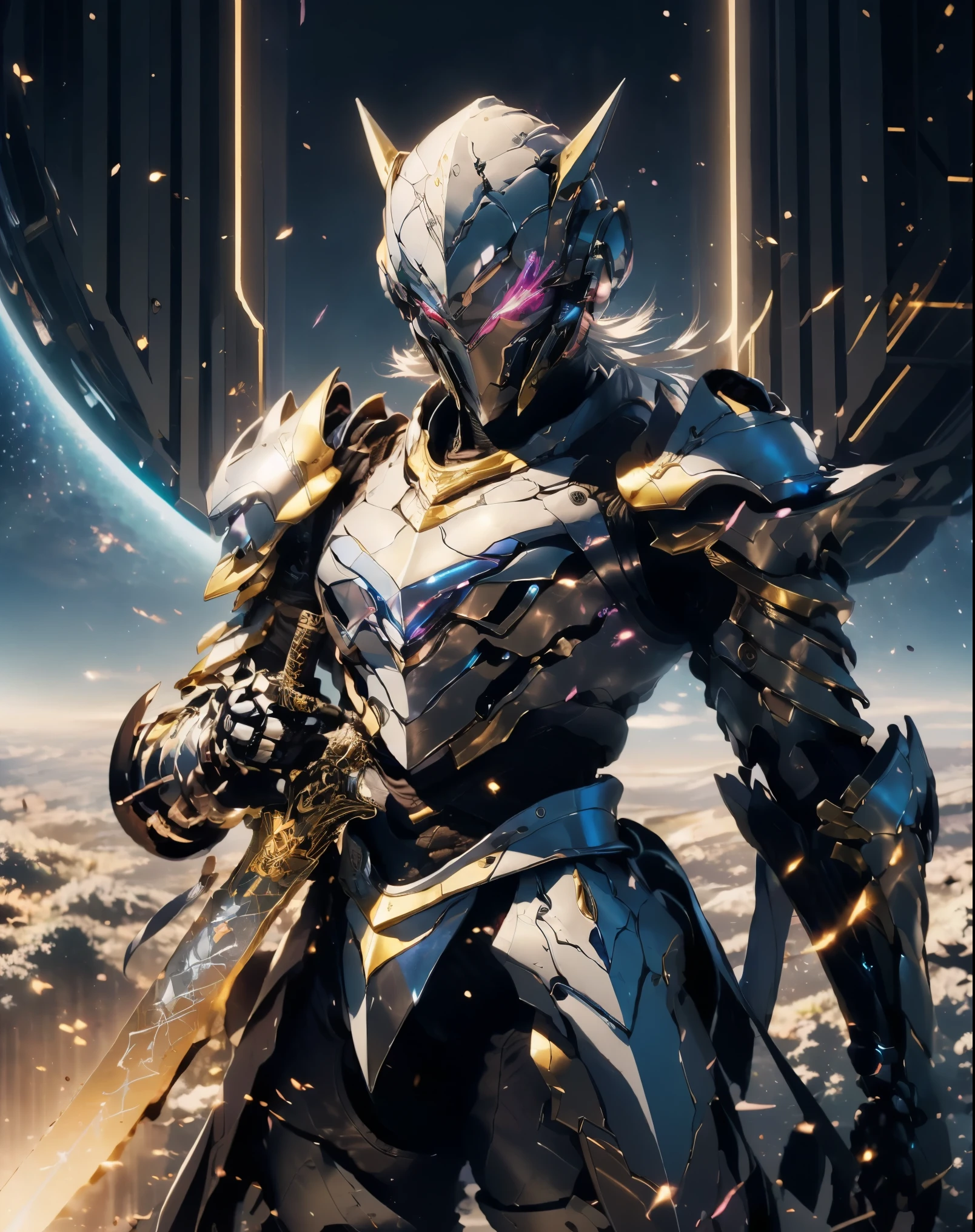 a close up of a person holding a sword in a space, anime epic artwork, rossdraws global illumination, colorful light leather armor, rossdraws pastel vibrant, clean detailed anime art, cgsociety 9, clean anime art, anime fantasy artwork, strong fantasy knight, fantasy knight, colored manga art, colorful aura, rossdraws cartoon vibrant, detailed anime artwork