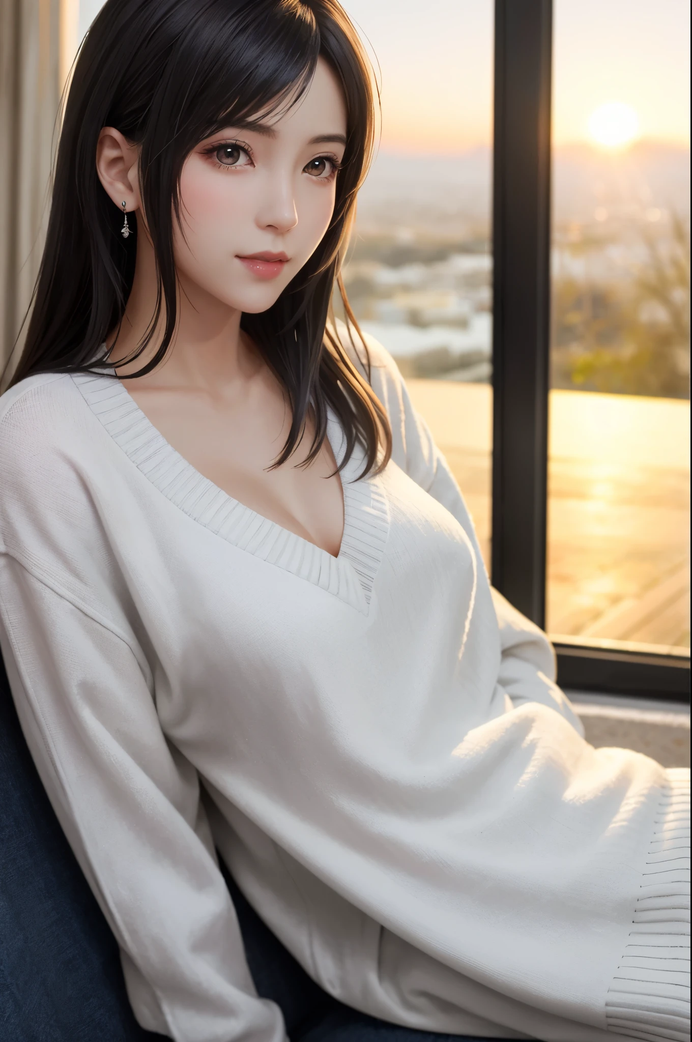 (Top Quality, Masterpiece: 1.1), (Realistic: 1.3), Wallpapers, ultra high res, ultra high quality, BREAK (((FF7,Tifa_lockhart))),Ultra-detailed face, Detailed eyes,(black Brown Hair, Large breasts: 1.2),(Imaginative Macanese Female Page, background is Unique The Tablets of Stone, at Sunrise), side view:1.2, BREAK (wearing oversized loose sweater, Exquisite cloth, white Clothes, sexy sweater:1.3), clothed, (No Bra) ,(Small and beautiful hard nipple),(shiny oiled skin: 1.1), about 18 years old, BREAK smile, kawaii,(gravure pose:1.2),cowboy shot