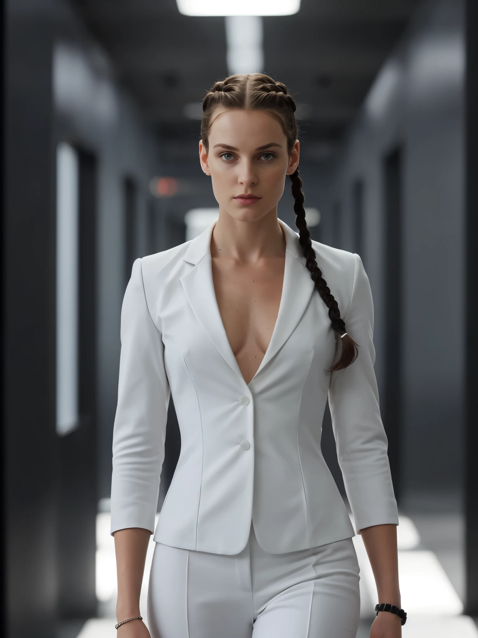 the matrix, white business suit, black braided hair, beautiful female agent, proportional, ideal body, soft_lighting
