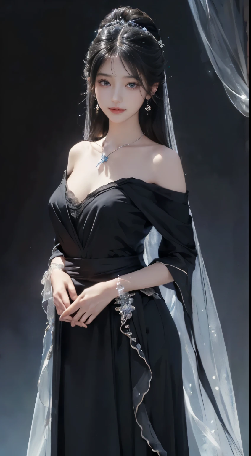 (surreal)、(Enlightenment)、(high resolution)、(8k)、(Very detailed)、(Best Illustration)、(Beautiful and delicate eyes)、(top quality)、(Super detailed)、(masterpiece)、(wallpaper)、(a delicate face)、solo、1 girl in、looking at the audience、fine detail、a delicate face、in the dark night、deep shadow、low profile、purebred face_v1、a smile、long、Black shawl straight hair、46 points oblique bangs, (Silk dress、long skirt)(Off the shoulders),Jellyfish hairstyle,black hair,Jellyfish-like hairstyle,Star hairpin fixed,((Jon,black hair)), Look down a little, (Extremely exquisite and beautiful work), (masterpiece), 1 girl, Exquisite blue dress,The shoulders are heavy,beautiful legs, Very detailed, long white hair,Full body female love, charming smile, beautiful and clear eyes, exquisite necklace, exquisite earrings, extremely detailed description, Beautiful big breasts,delicate face, Thin clavicle,cute的嘴唇, Behind the gentleness, Mix 4,(8k, original photo, best quality, masterpiece:1.2), (realistically, Shoot real:1.4), 1 girl, cute
