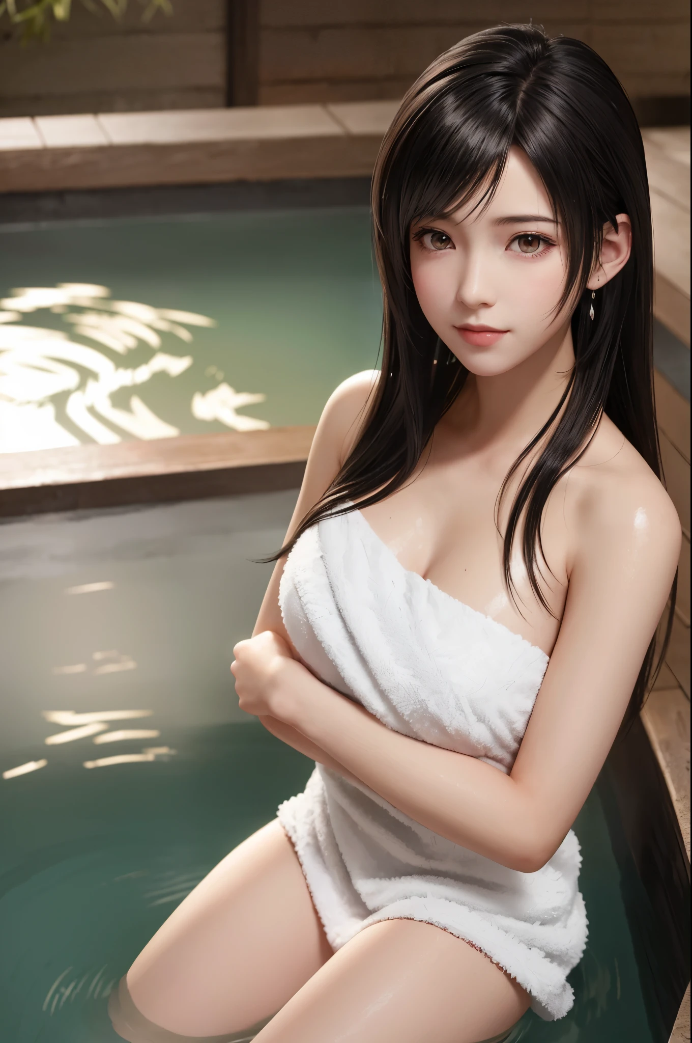 (Top Quality, Masterpiece: 1.1), (Realistic: 1.3), Wallpapers, ultra high res, ultra high quality, BREAK (((FF7,Tifa_lockhart))),Ultra-detailed face, Detailed eyes,(black Brown Hair, Large breasts: 1.2),(Imaginative Macanese Female Page, background is onsen, at Sunrise),bathing:1.3 , BREAK (naked :1.3),(No Bra) ,(no panties),(shiny oiled skin: 1.1), about 18 years old, BREAK smile, kawaii, nogizaka idol,(gravure pose:1.2),cowboy shot ,back focus:1.2, back hair:1.2,(White large size towel fabric dress、Strapless:1.2)、(geyser, hot onsen:1.2)、(Partially submerged in hot springs:1.2)
