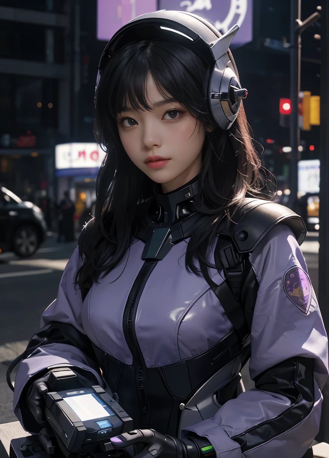 Highest image quality, outstanding details, ultra-high resolution, (realism: 1.4), the best illustration, favor details, highly condensed 1girl, with a delicate and beautiful face, dressed in a black and purple mecha, wearing a mecha helmet future, holding a directional controller, riding on a drone, the background is a high-tech lighting scene of the future city. surreal illustration, surreal rendering, clean digital rendering, photo realistic rendering, product design concept, surreal illustration