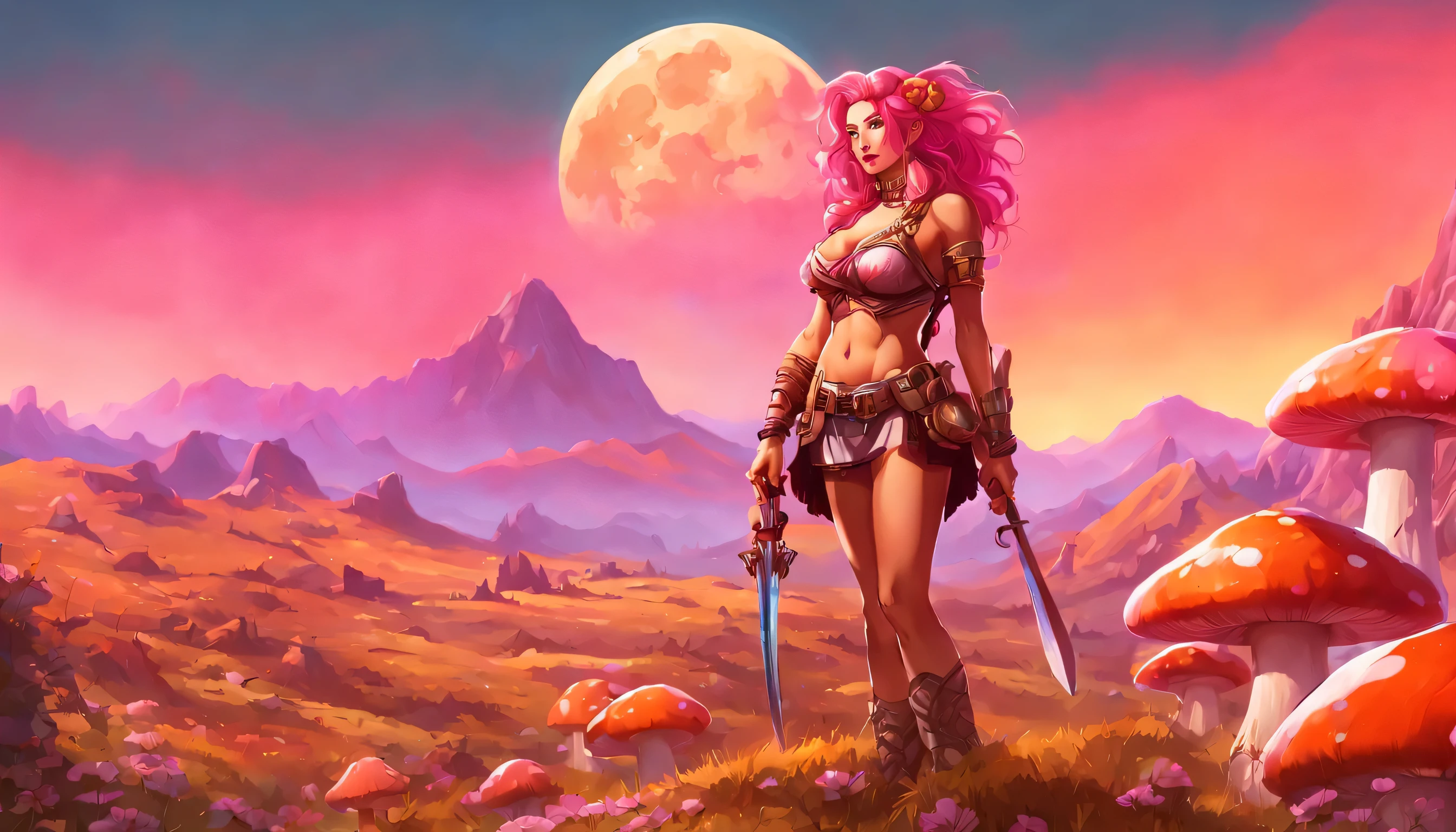 (((Grand scenery all around! Enorme paisagem com gigantescos cogumelos multicoloridos ao redor, Montanhas laranja ao fundo, pink sky with a huge moon, horizon that disappears from sight and the entire warrior character in the image, mais longe na imagem, Full Body Head to Toe))) Guerreira com rosto de Megan Fox e longos cabelos rosa, pele morena e suada, pingando suor ((baldes de suor))), com enormes seios nus, Bobs grandes, seios grandes e mamilos seios grandes e excitados, horny hard nipple, vestindo apenas uma tanga de metal dourado, segurando uma espada, under a gigantic flowering acacia full of yellow flowers hanging in clusters. Nos fundos, huge multicolored mushrooms and in the background the pink sky with a huge moon!!. cinema lighting, backlit relaxed (foco profundo) contraste (f_parada 2.8), (focal_comprimento 35.0) f/2.8, 35mm focal length photography (Vista de cima:1.42).analogue photo, silhueta, destaque,vista superior do corpo mostrando seu rosto e (decote gigantesco:1.15), uma linda mulher latina peituda, pele bronzeada,Rosto altamente detalhado, olhos rosa, pele suja suada e oleada ultra detalhada, cabelo rosa natural sujo, olhos rosados e penetrantes, olhos semicerrados, (lascivious facial expression, vigoroso, lascivo:1.3), Anos 2000, fundo rosa, cores quentes, Cinema sincero RAW, 16mm, filme portra 400 colorido graduado, remarkable color, ultra realista. captura em um (Fujifilm X-Pro3) / (f_parar 16.0) (focal_comprimento 24.0)